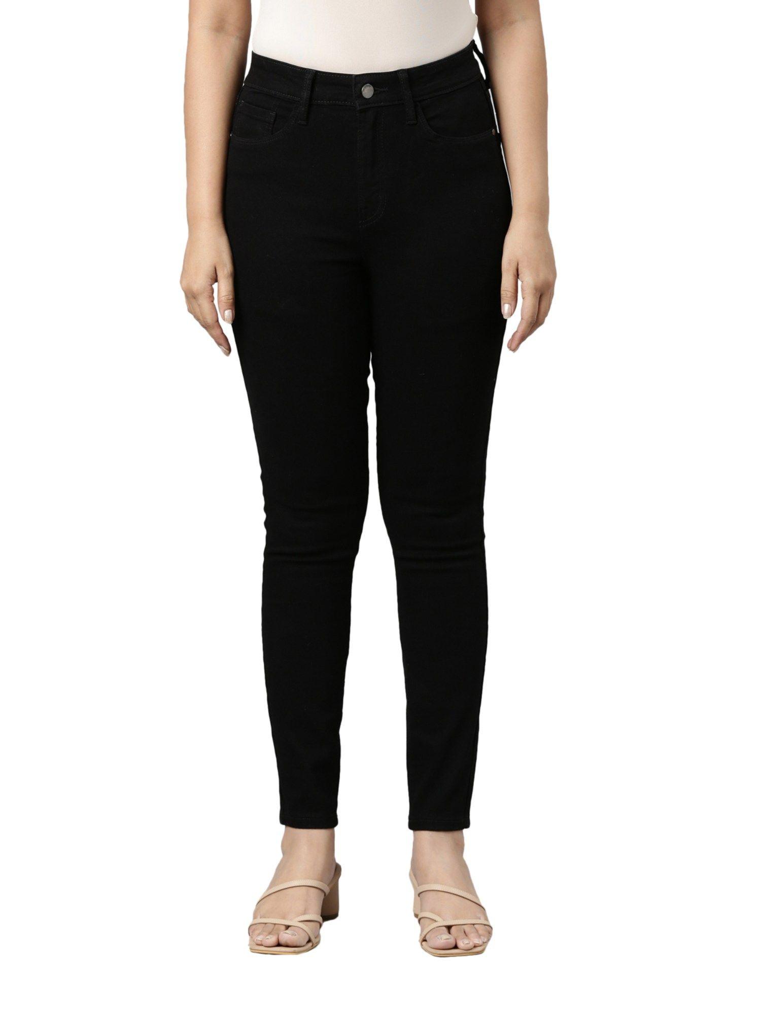 women solid black denim mid rise skinny jeans