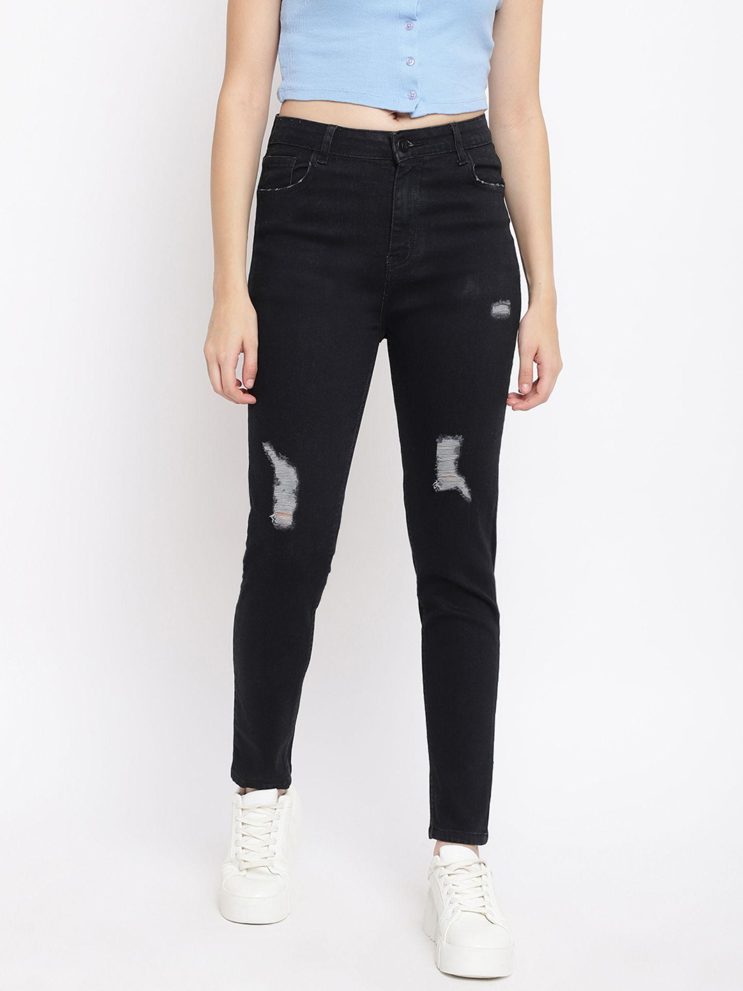 women solid black denim slim fit stretchable distressed jeans