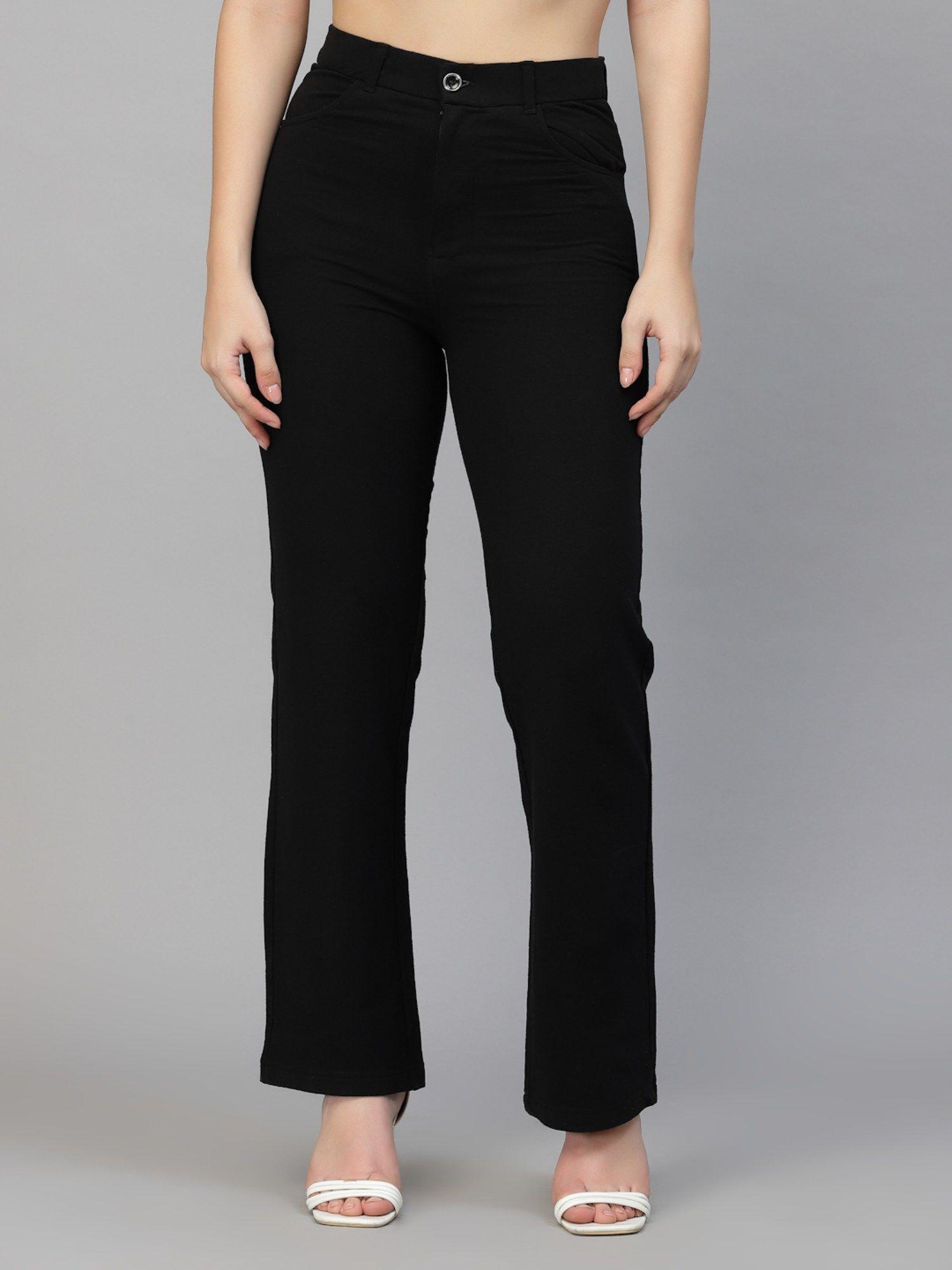 women solid black knitted formal pant