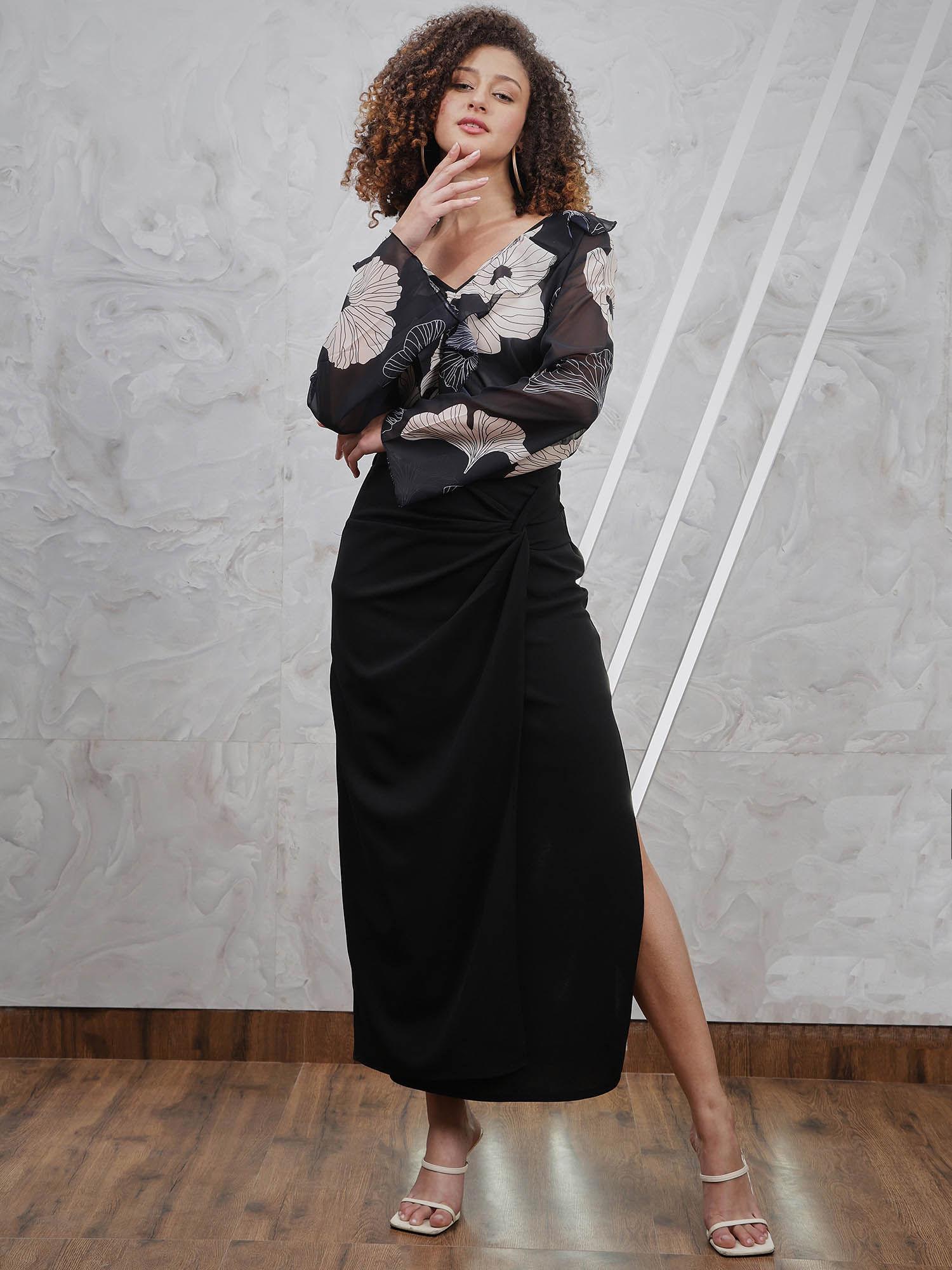 women solid black maxi skirt