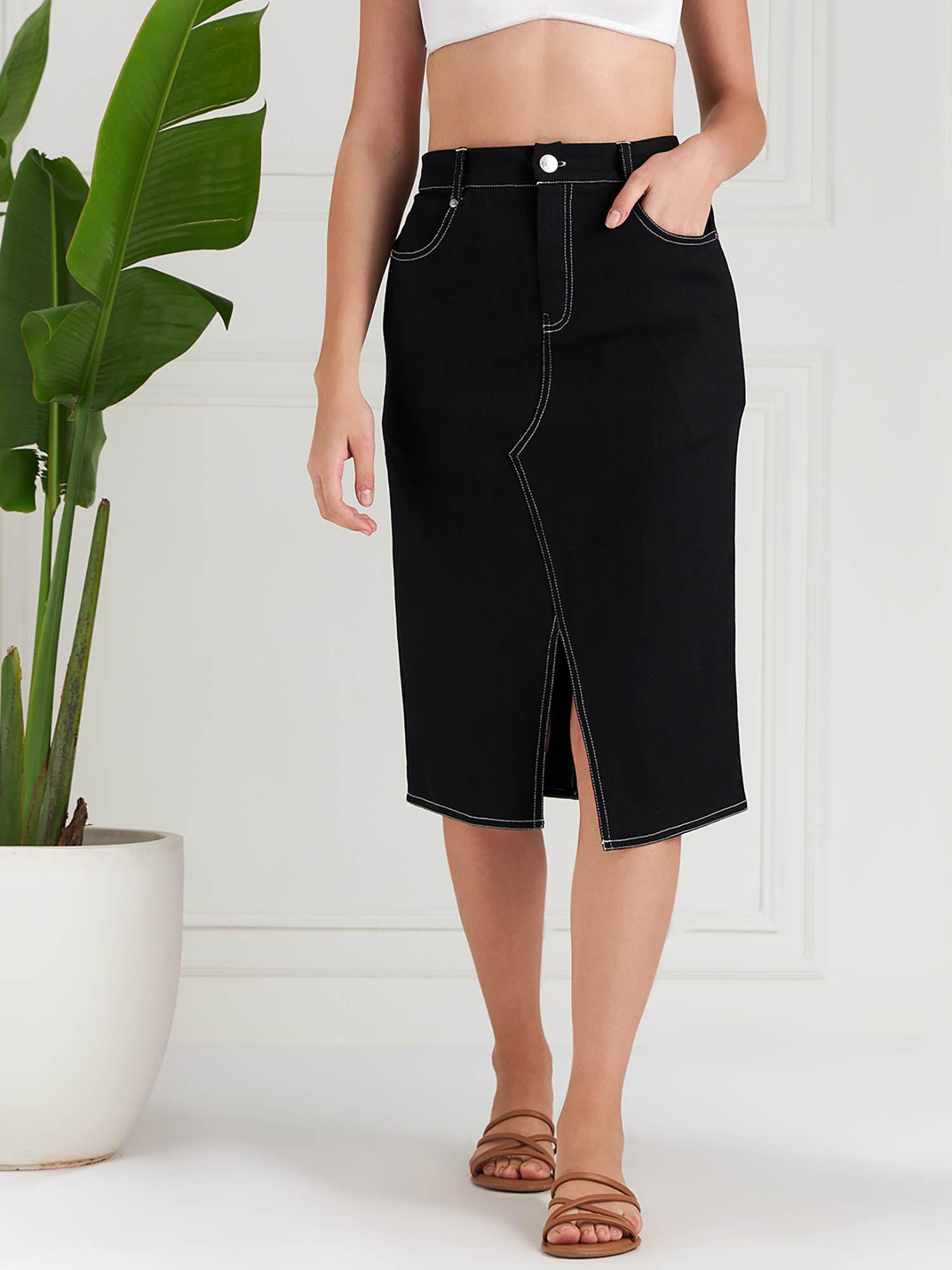 women solid black midi skirt