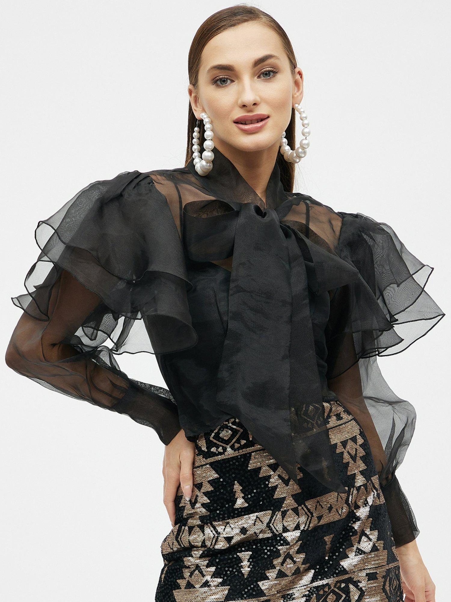 women solid black organza tie knot shirt