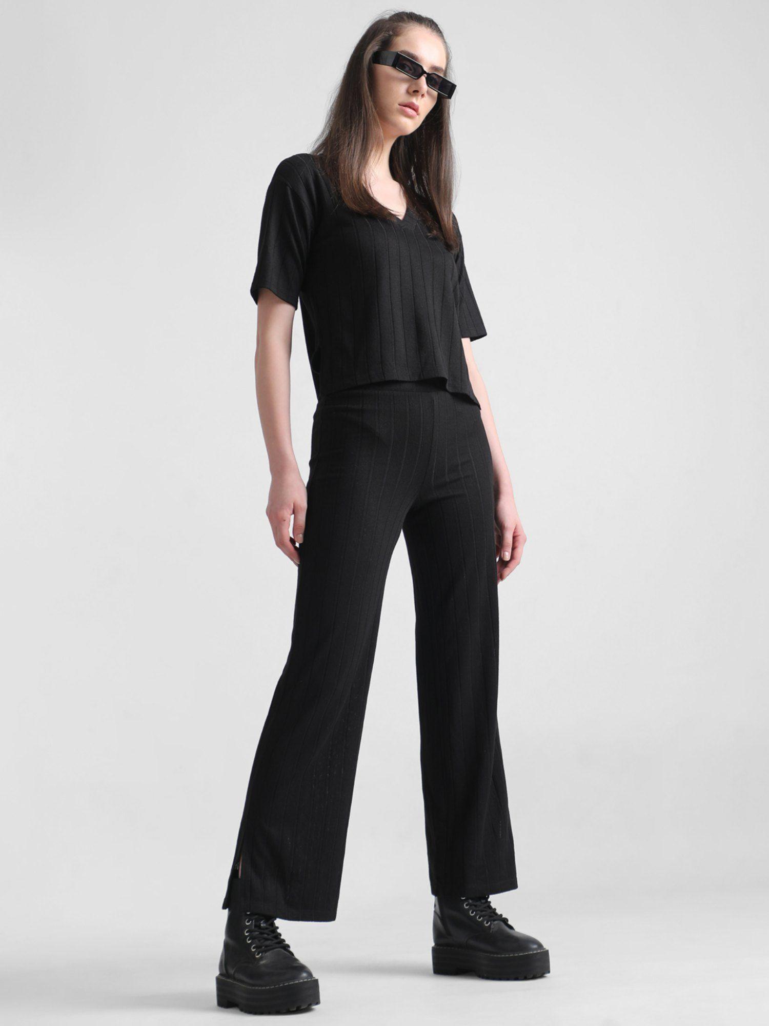 women solid black pant