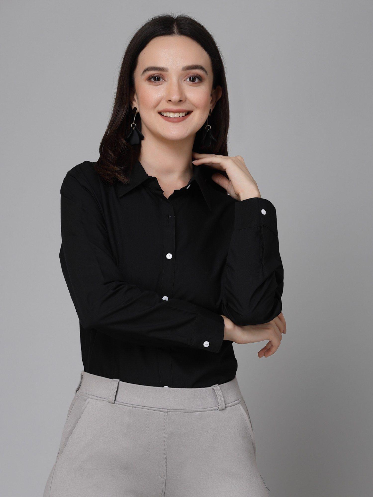 women solid black polycotton formal shirt