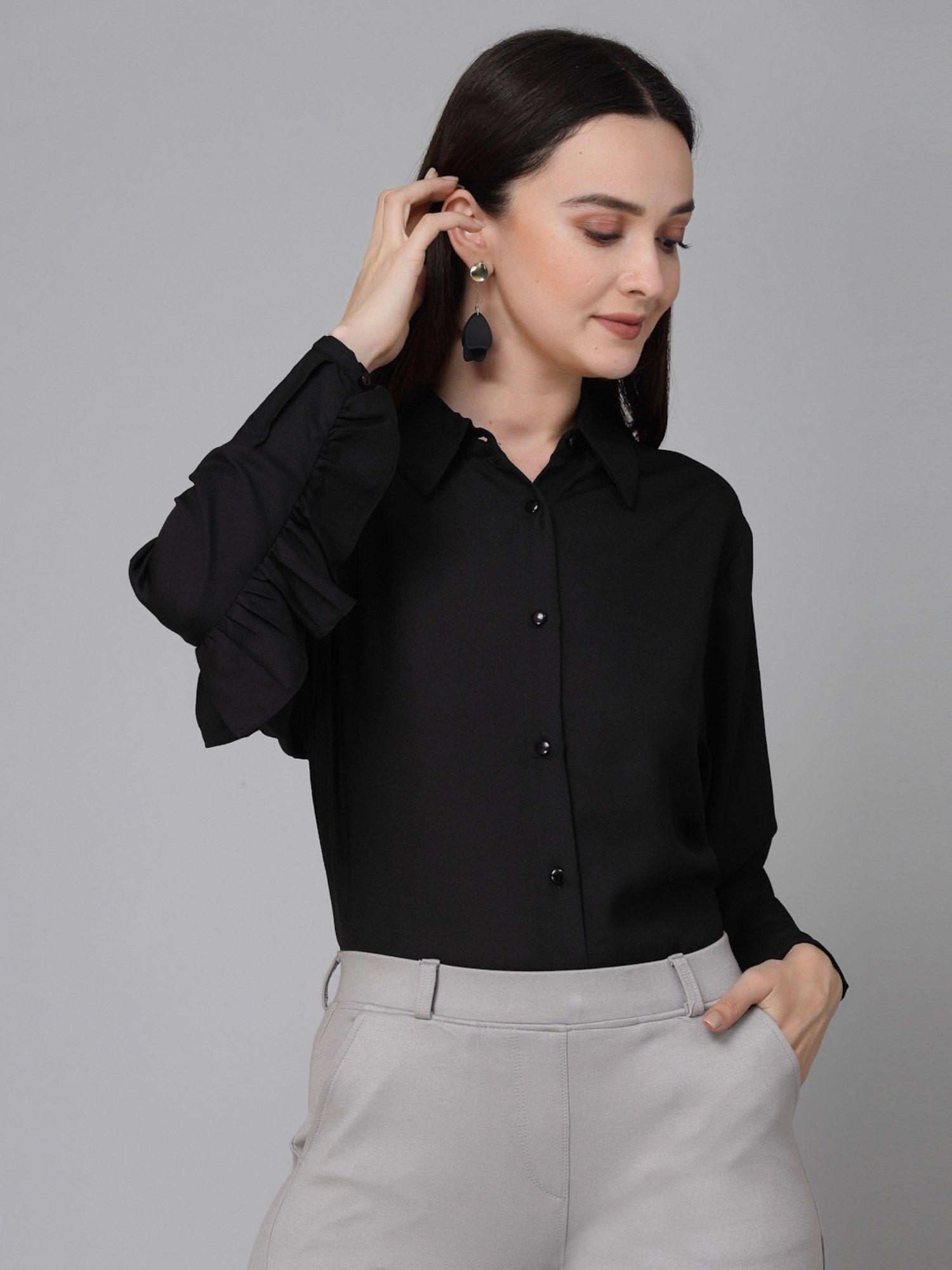 women solid black polyester formal shirt