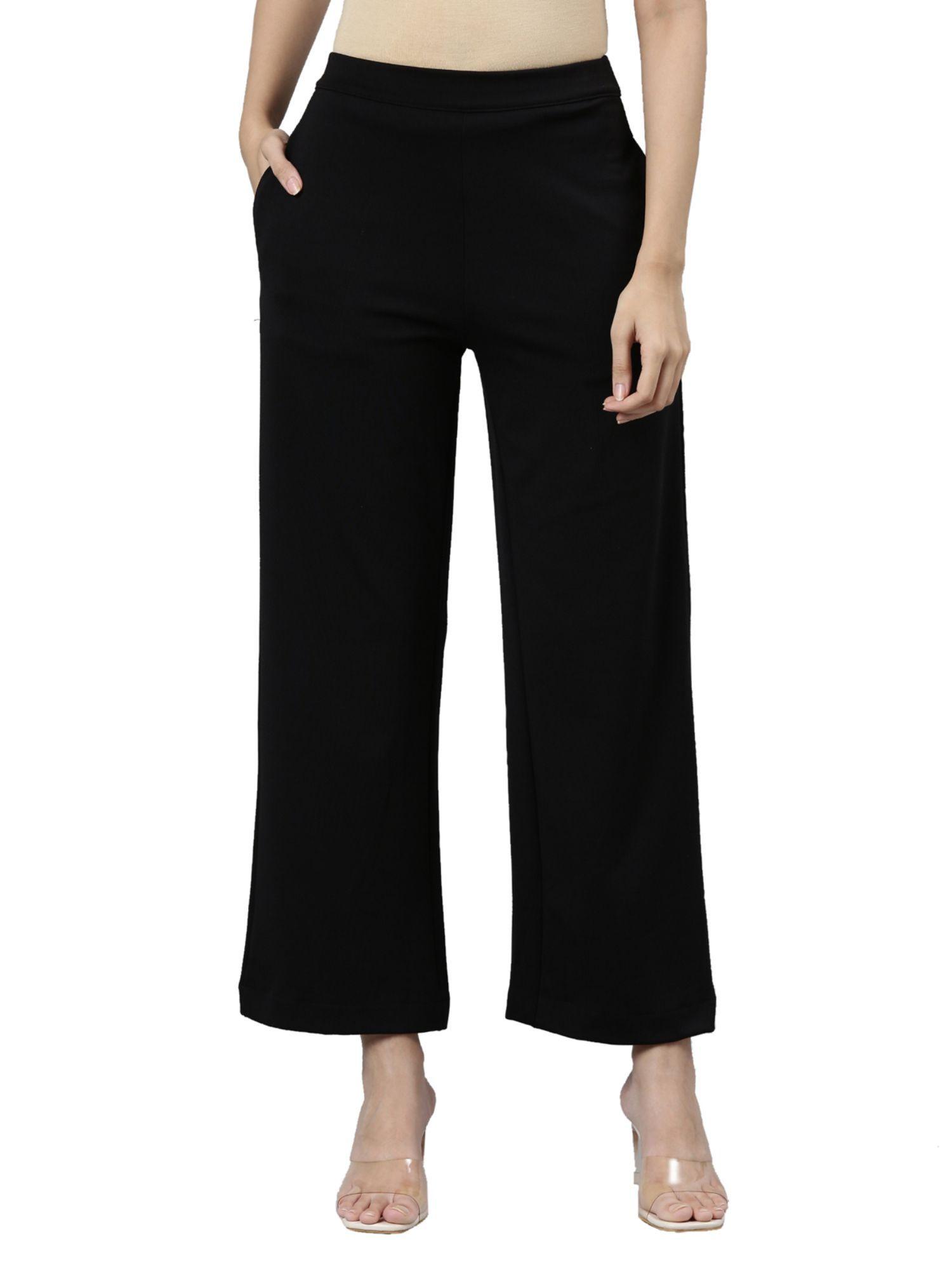 women solid black ponte wide leg pant