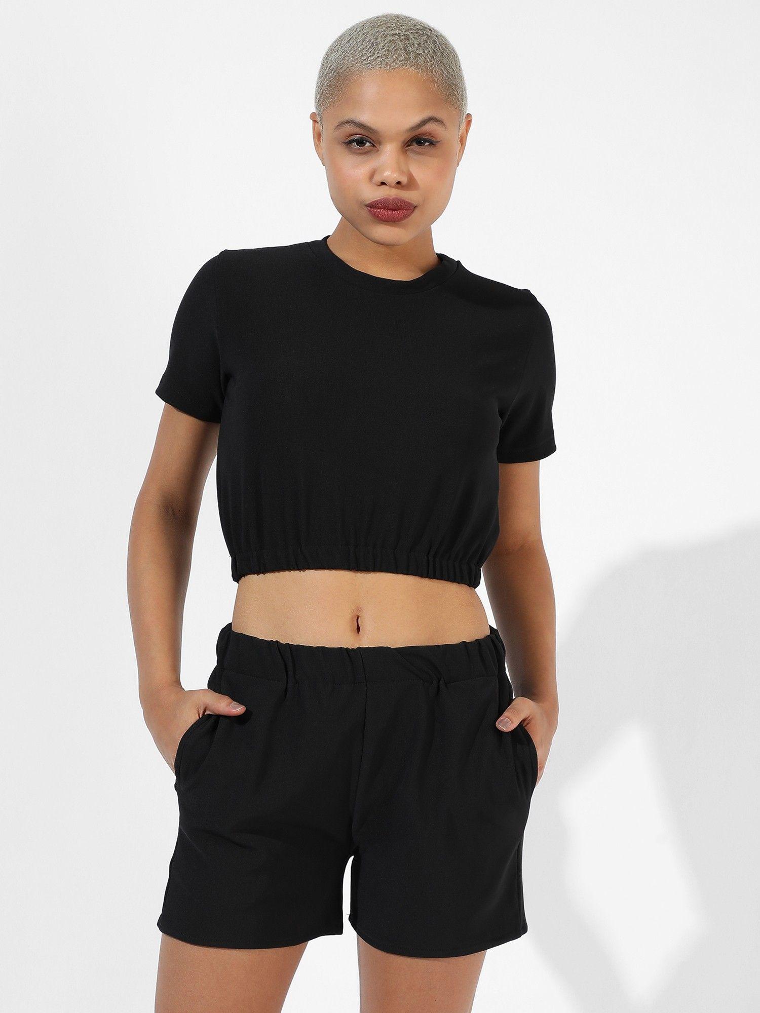 women solid black regular fit co-ords set