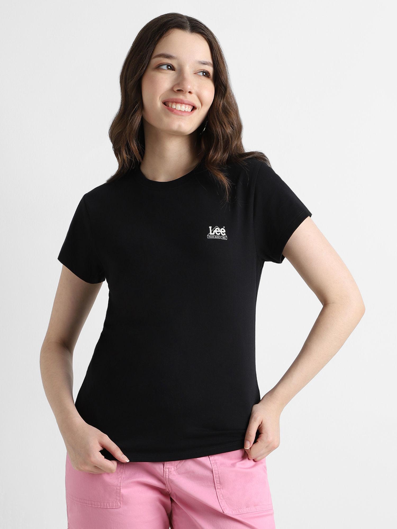 women solid black round neck slim fit t-shirt