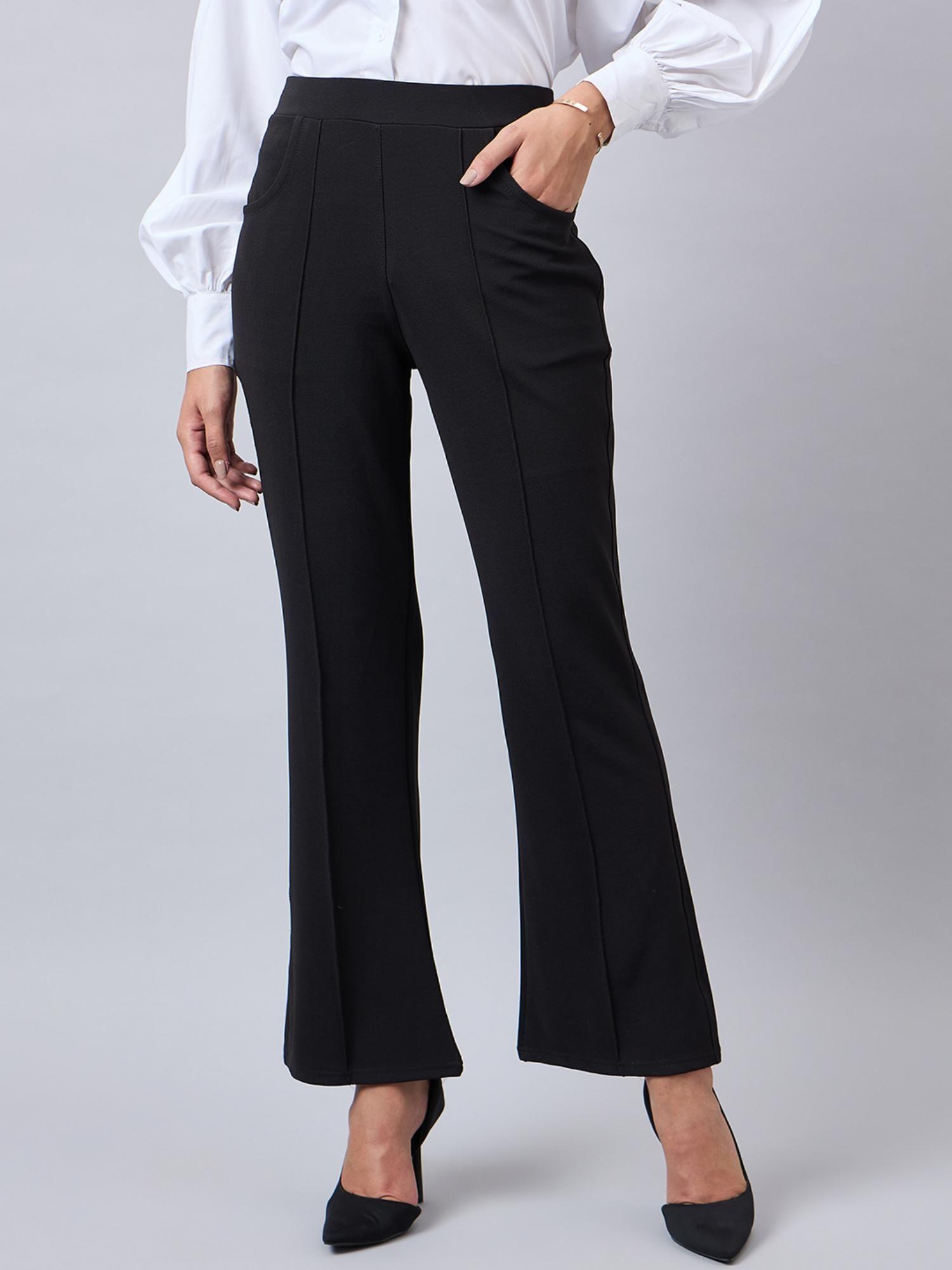 women solid black self design polyester formal trouser