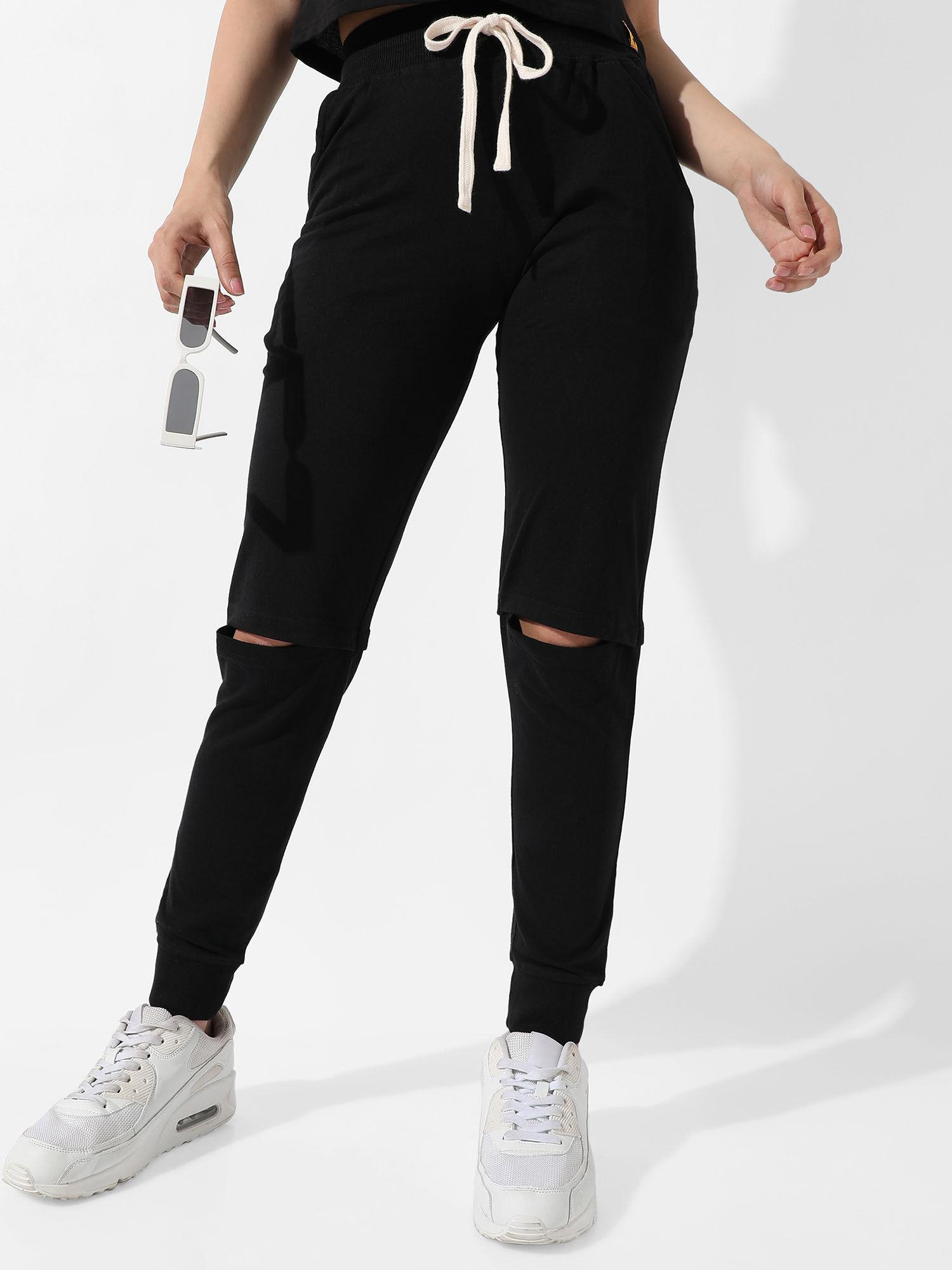 women solid black slashed-knee trackpants