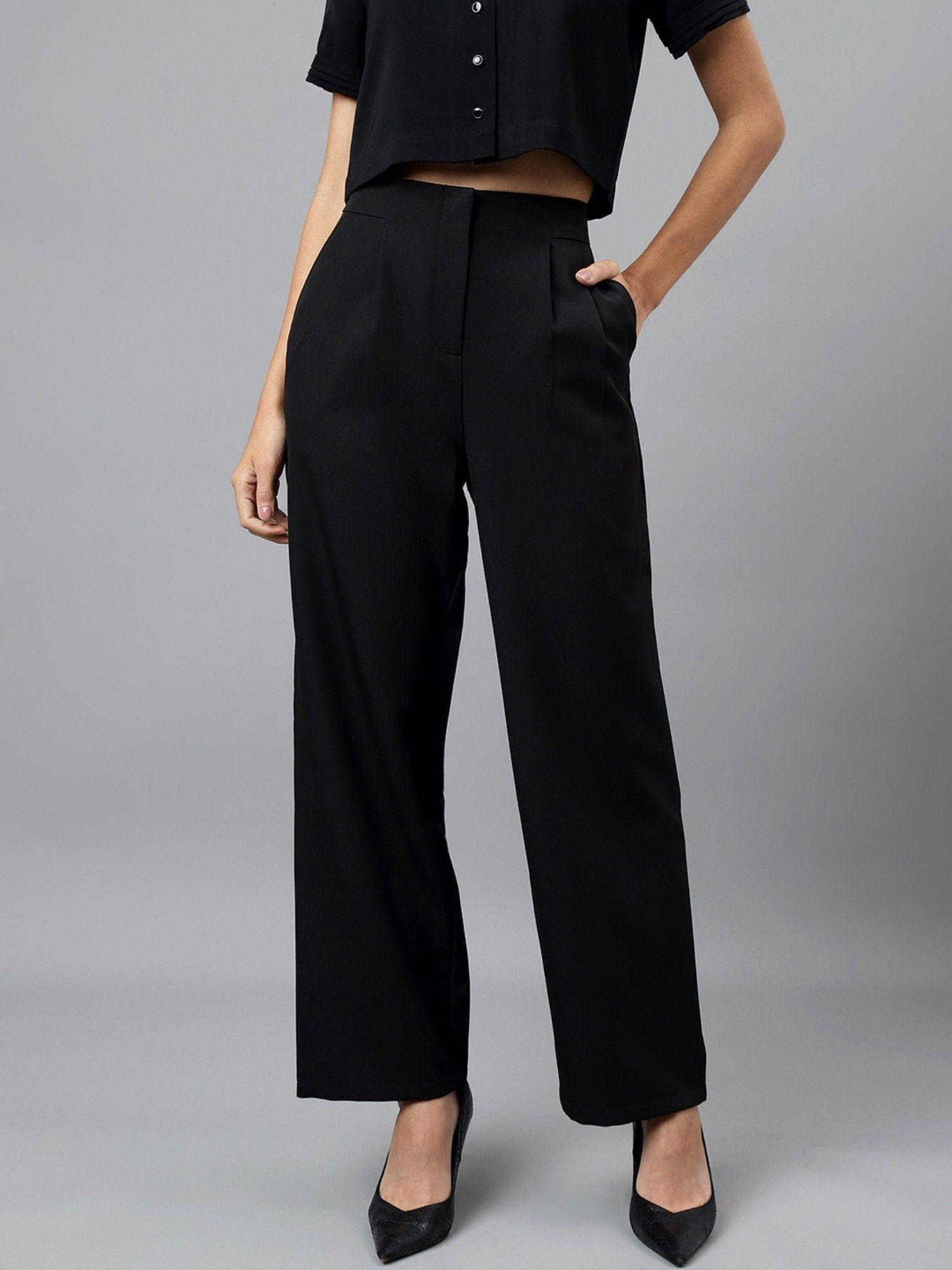 women solid black straight pant