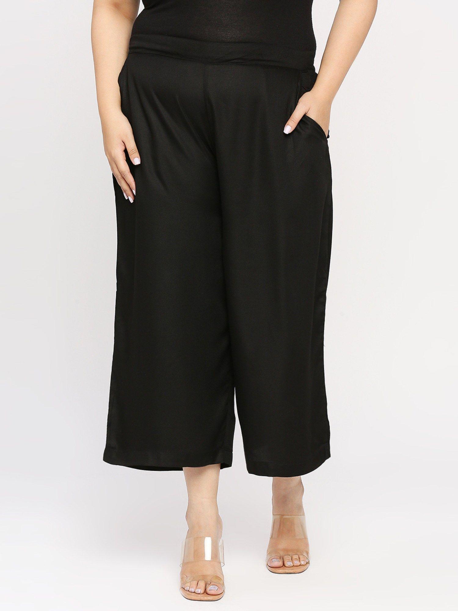 women solid black viscose rayon wide leg trouser