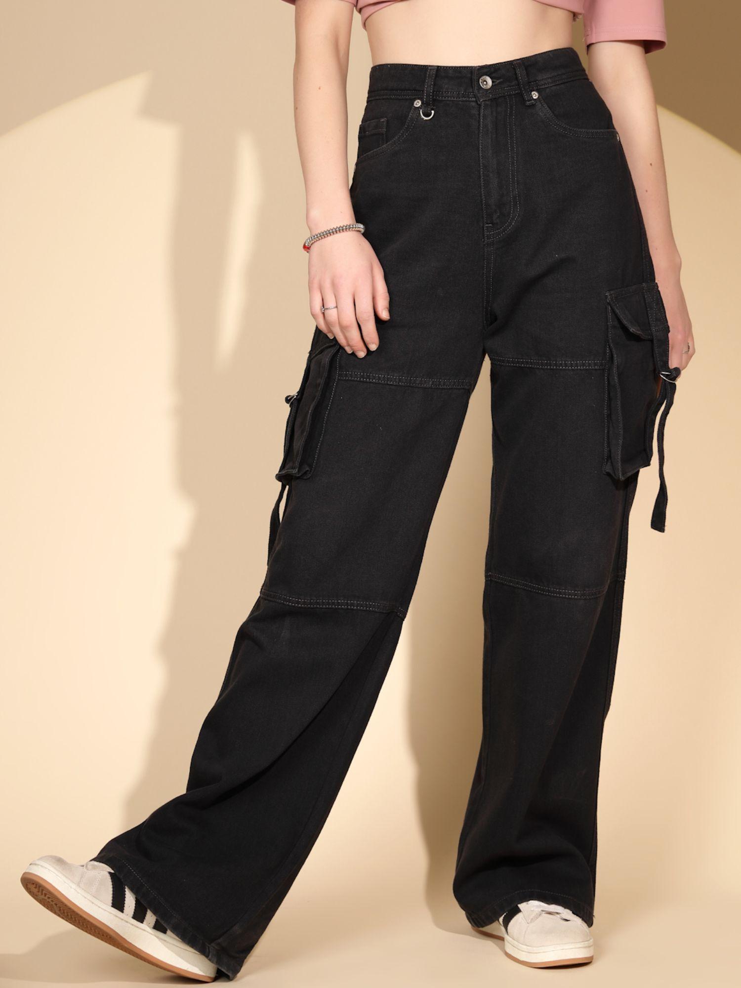 women solid black wide leg cargo jeans