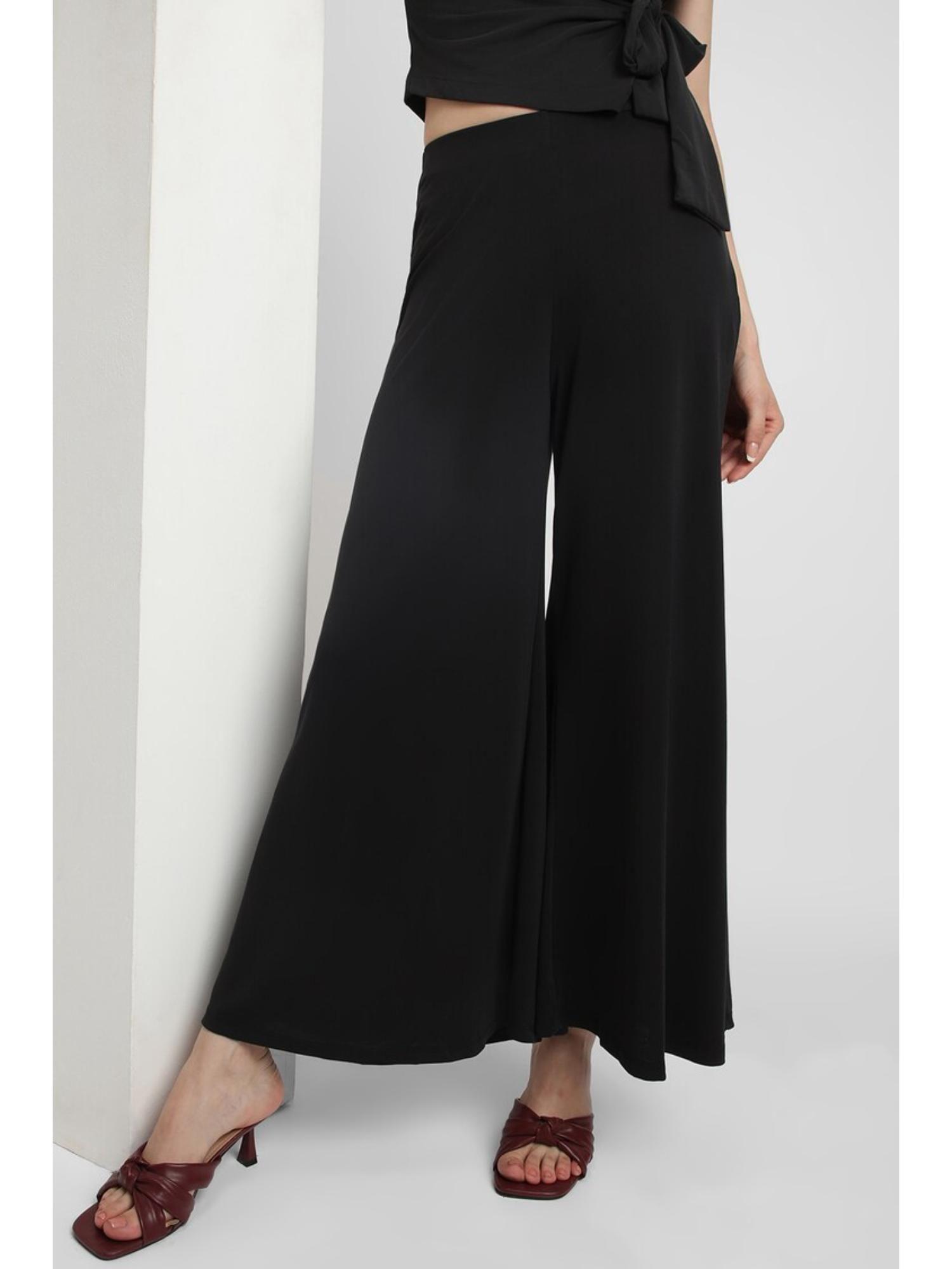 women solid black wide pant