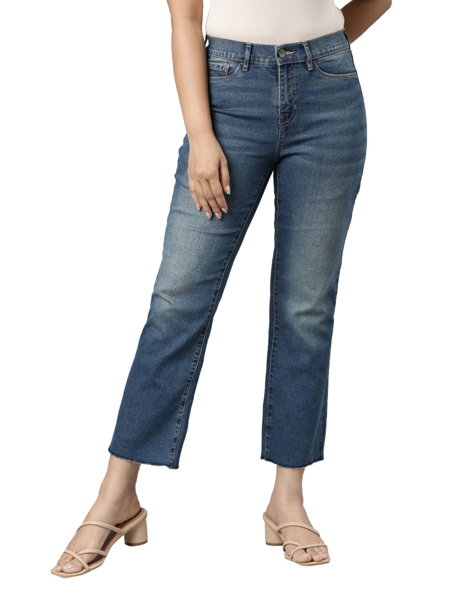 women solid blue denim mid rise mini straight jeans