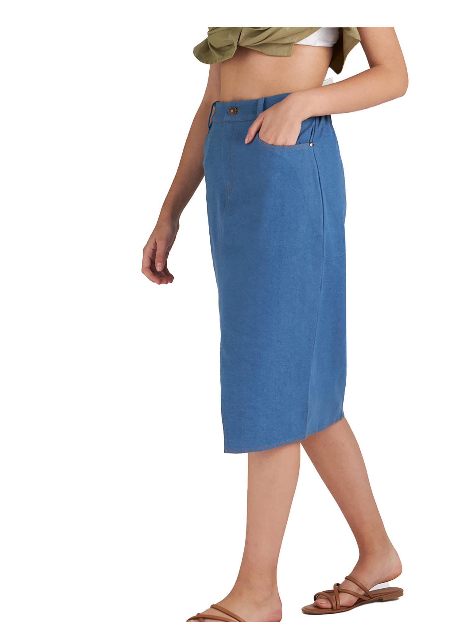 women solid blue midi skirt