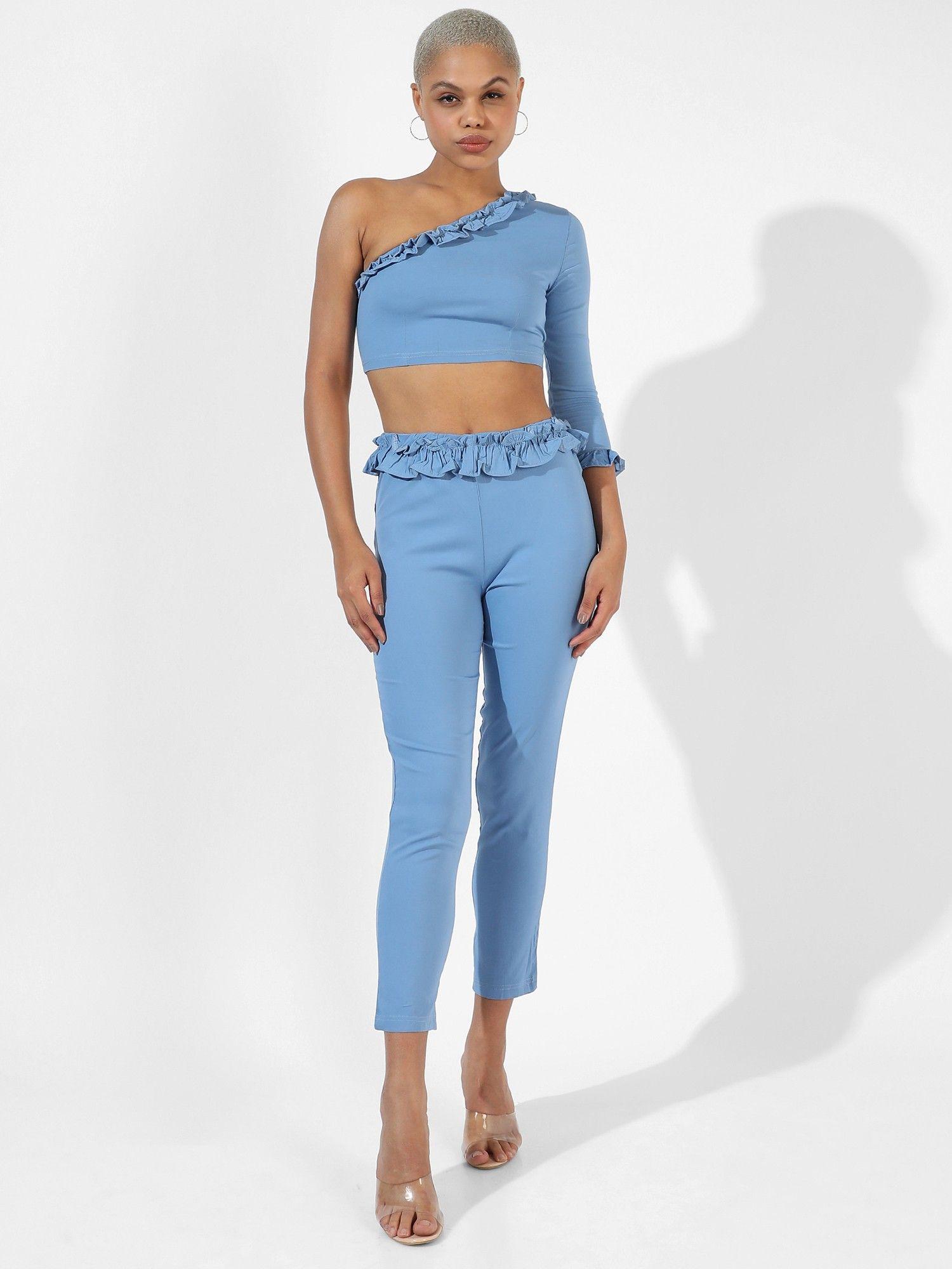 women solid blue regular fit co-ords set