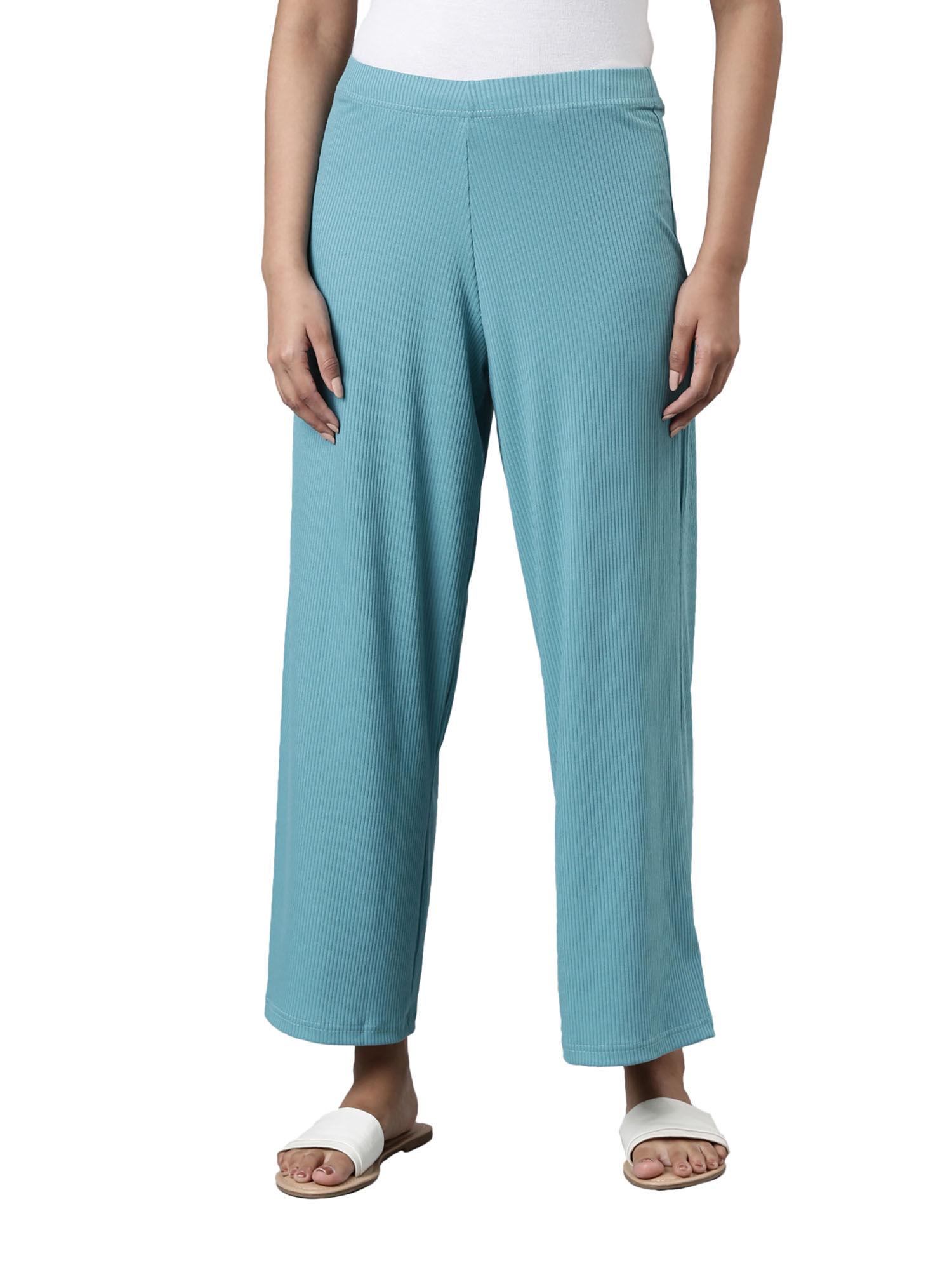 women solid blue ribbed palazzos