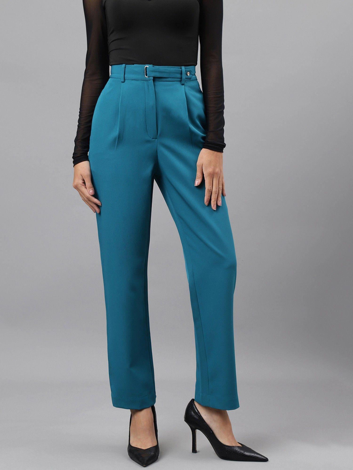 women solid blue straight pant