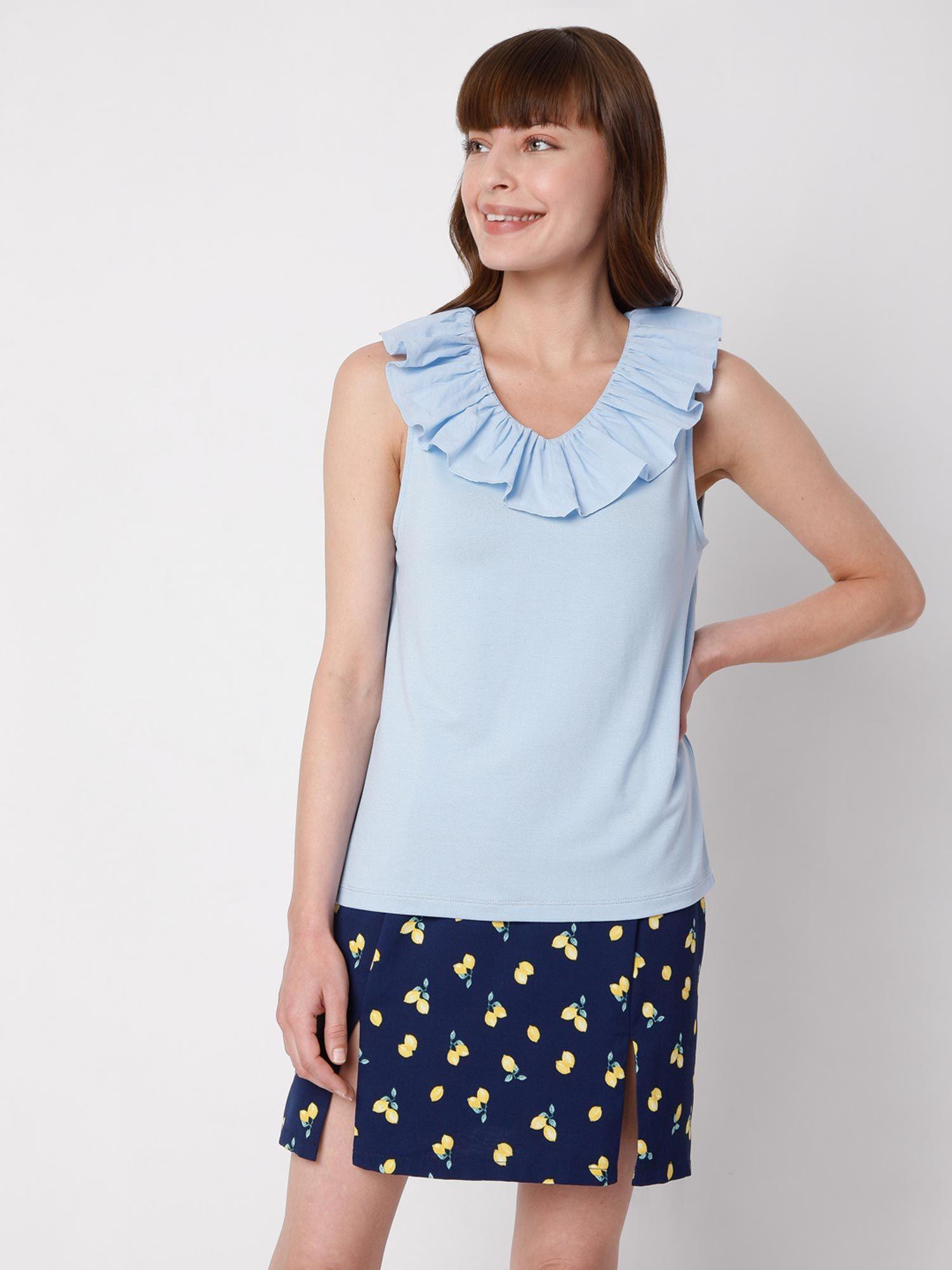 women solid blue top