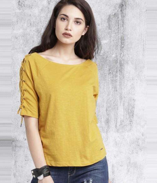 women solid boat neck pure cotton yellow t-shirt