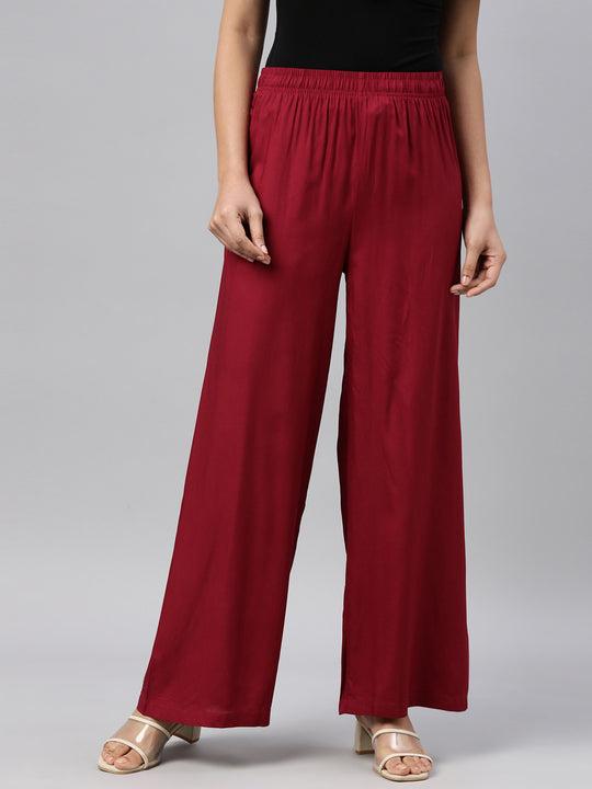 women solid bright red viscose knit mid rise palazzos