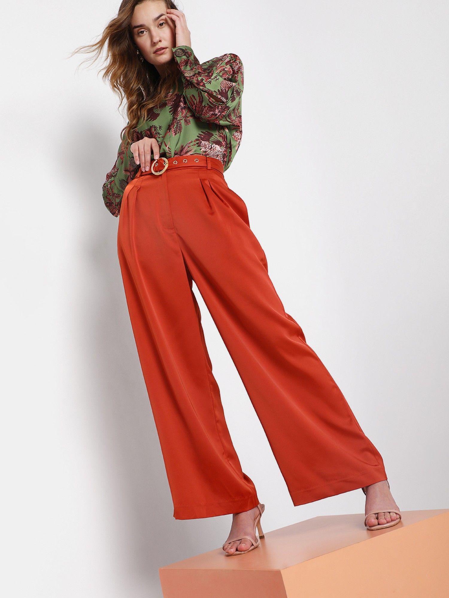 women solid brown high waist wide leg pants (set of 2)