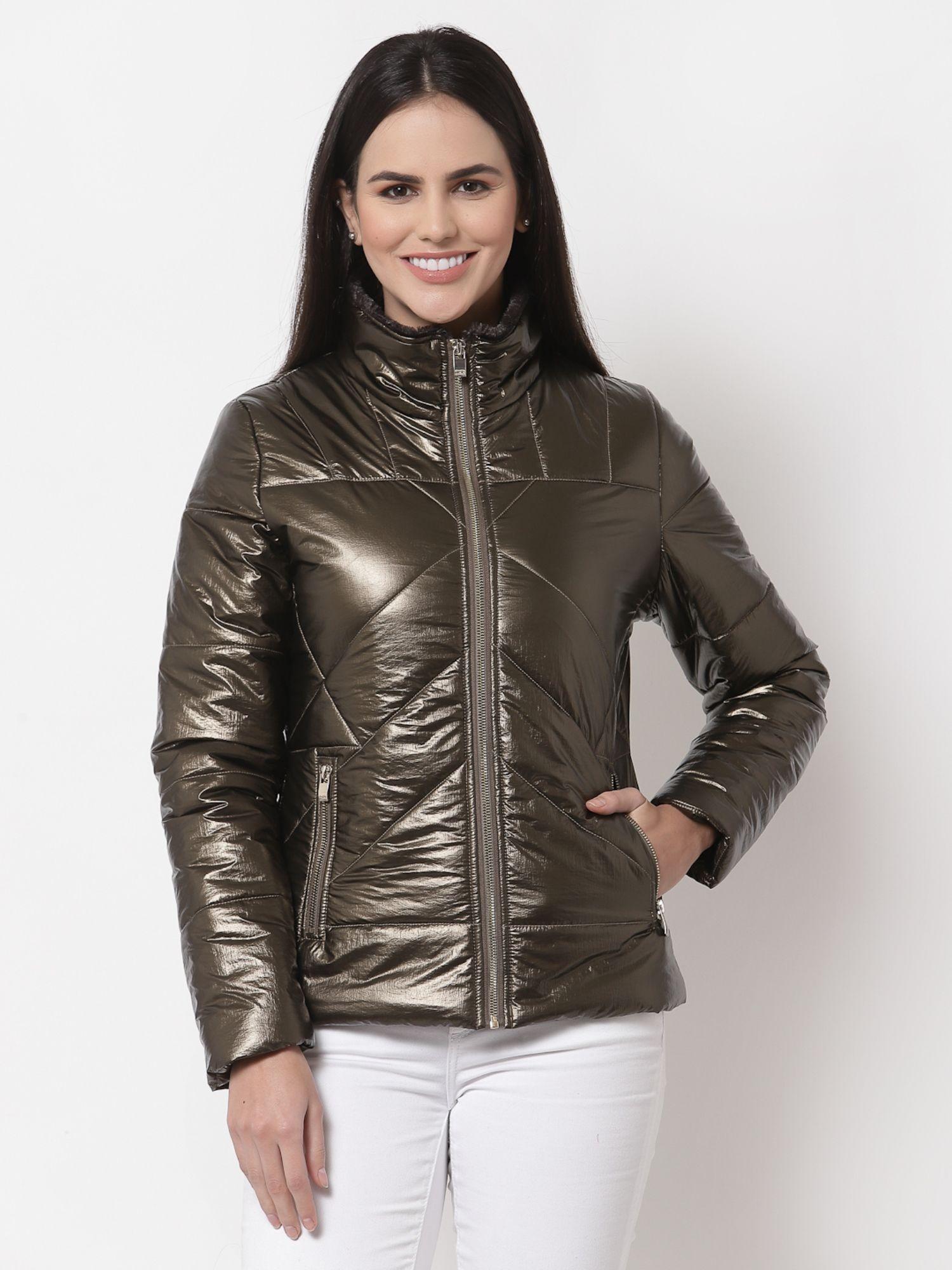 women solid brown hooded nylon winter padded jacket