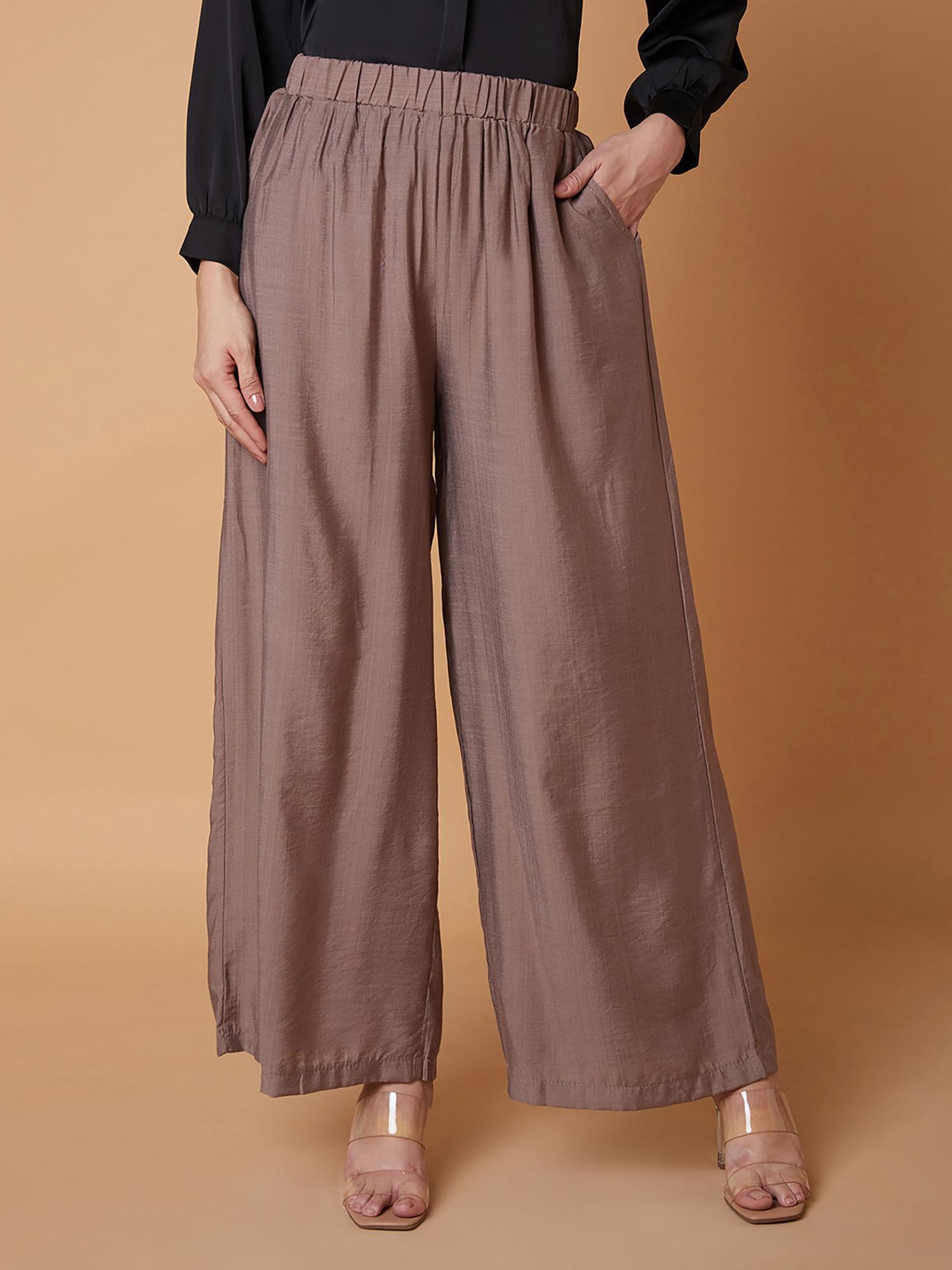 women solid brown pleated loose fit palazzo