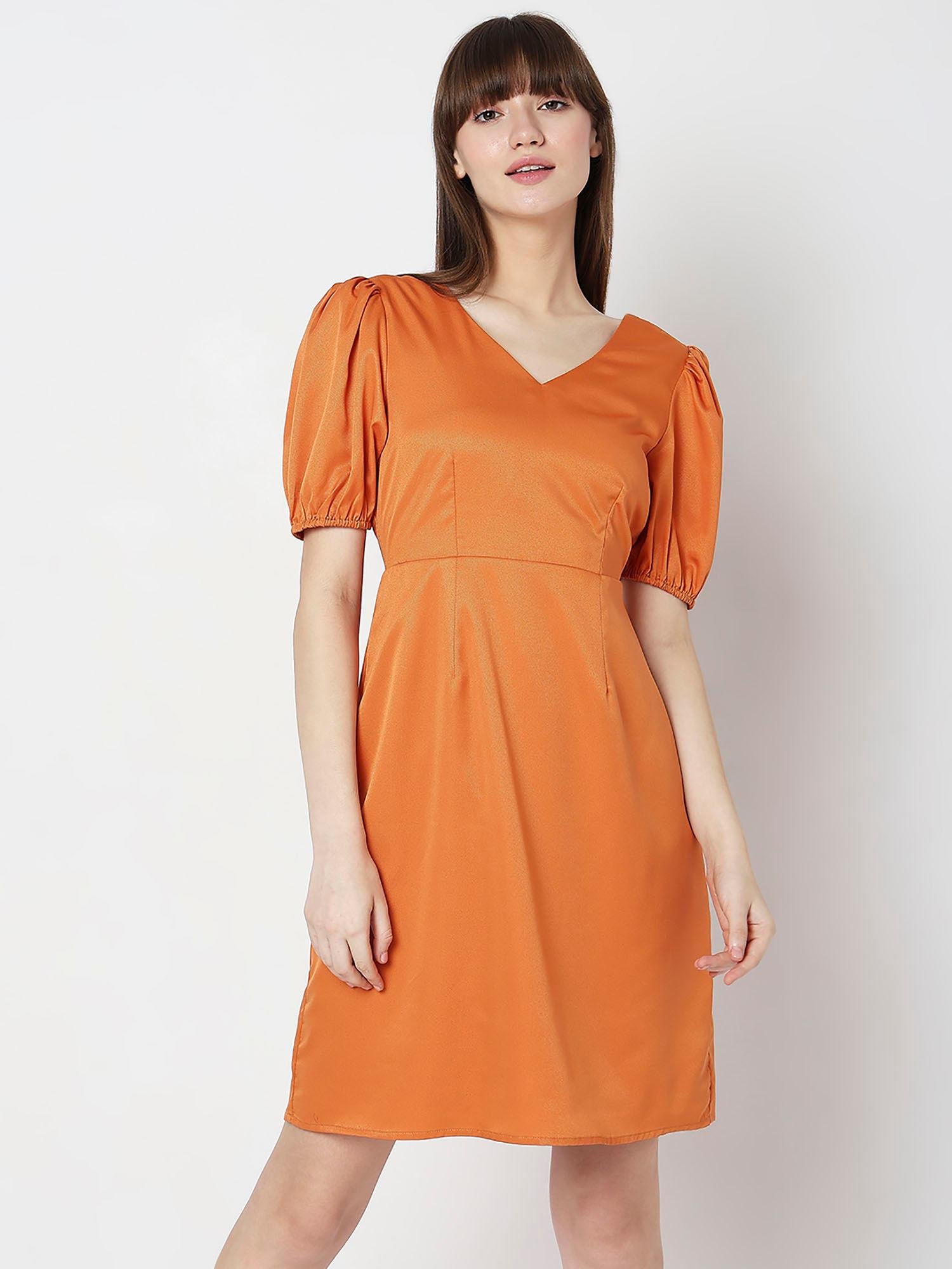 women solid casual orange dress