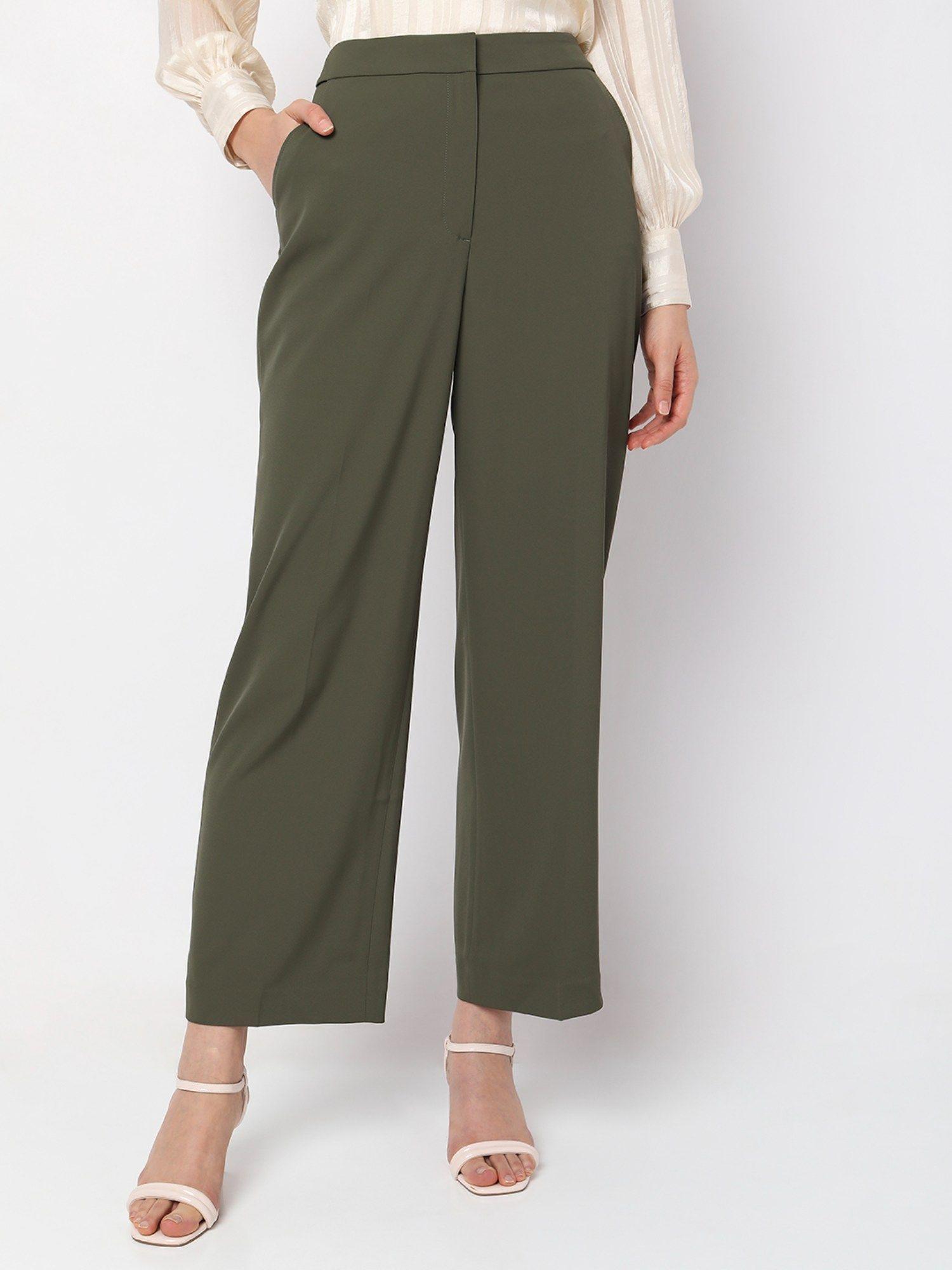 women solid casual wear green pants