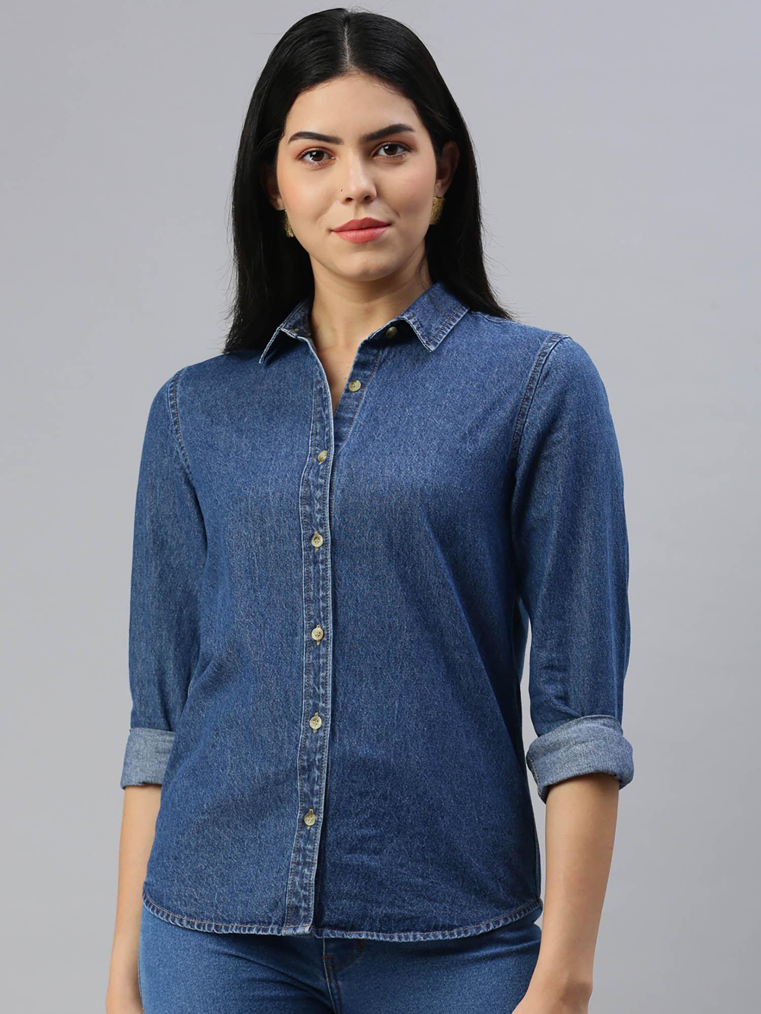 women solid collar neck navy blue shirt