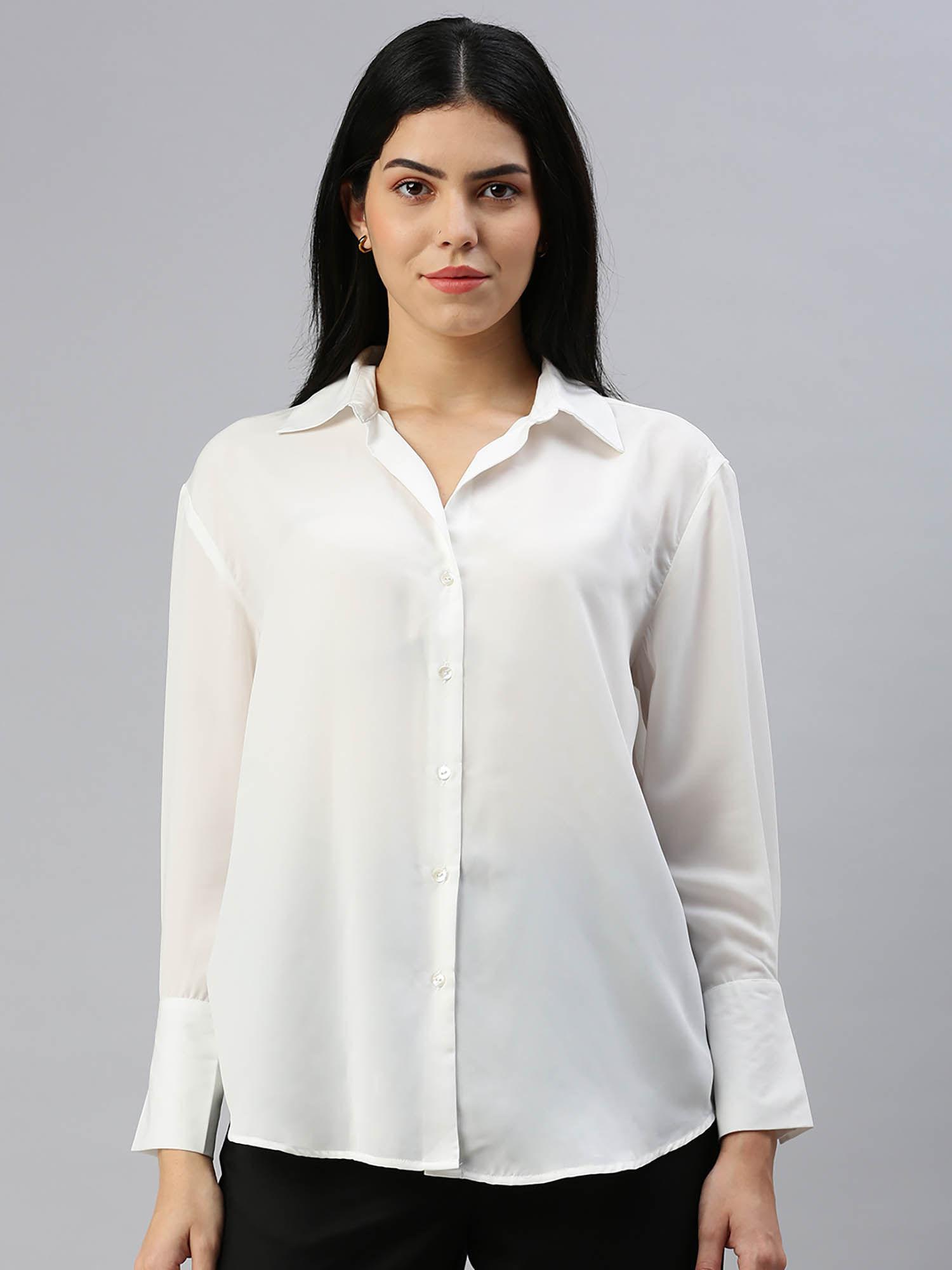 women solid collar neck off white shirt
