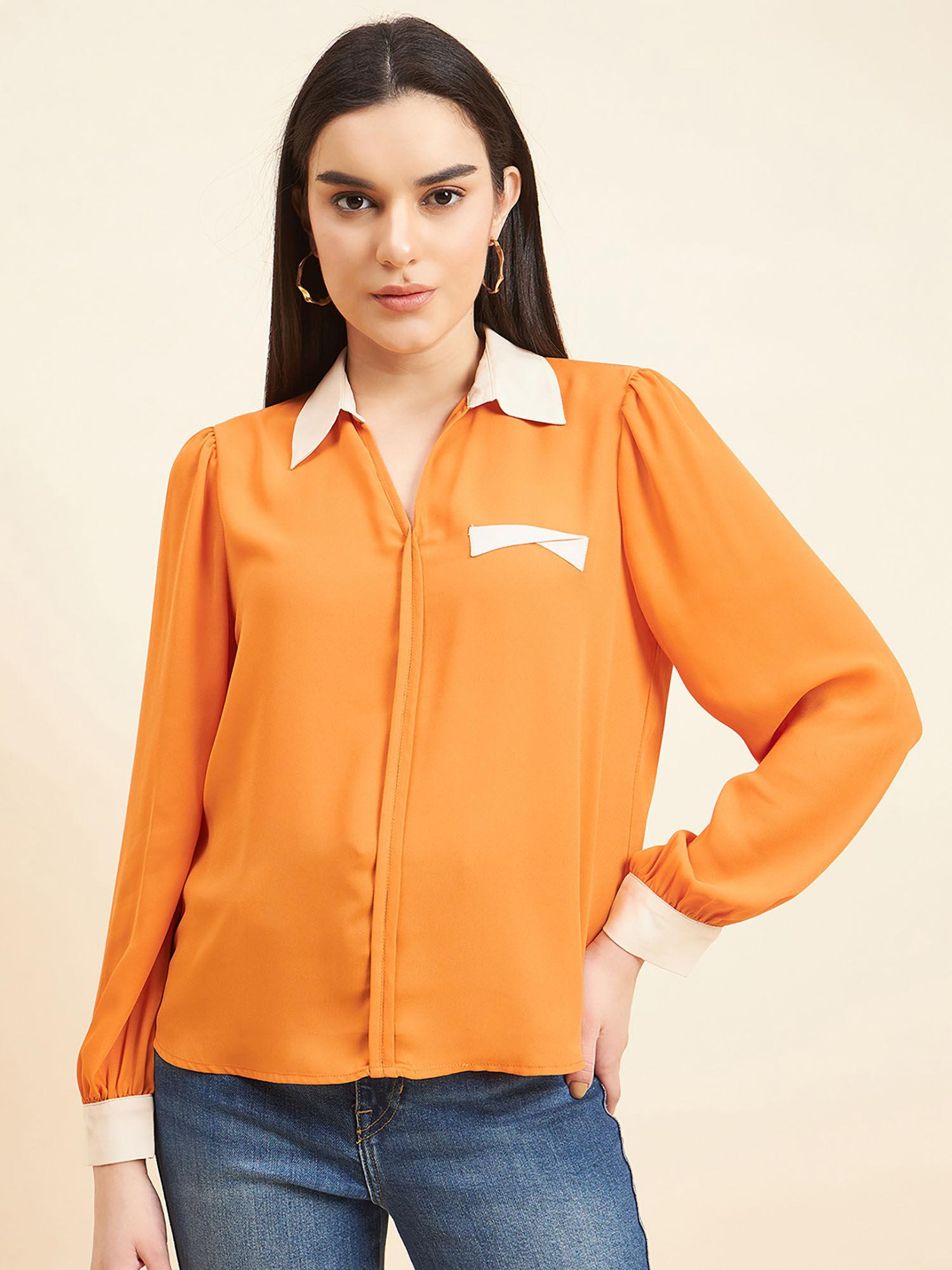 women solid contract fabric georgette orange top