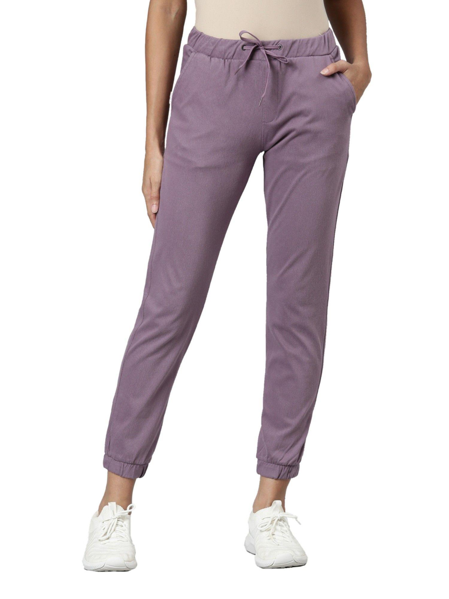 women solid cotton dusty purple cuffed joggers