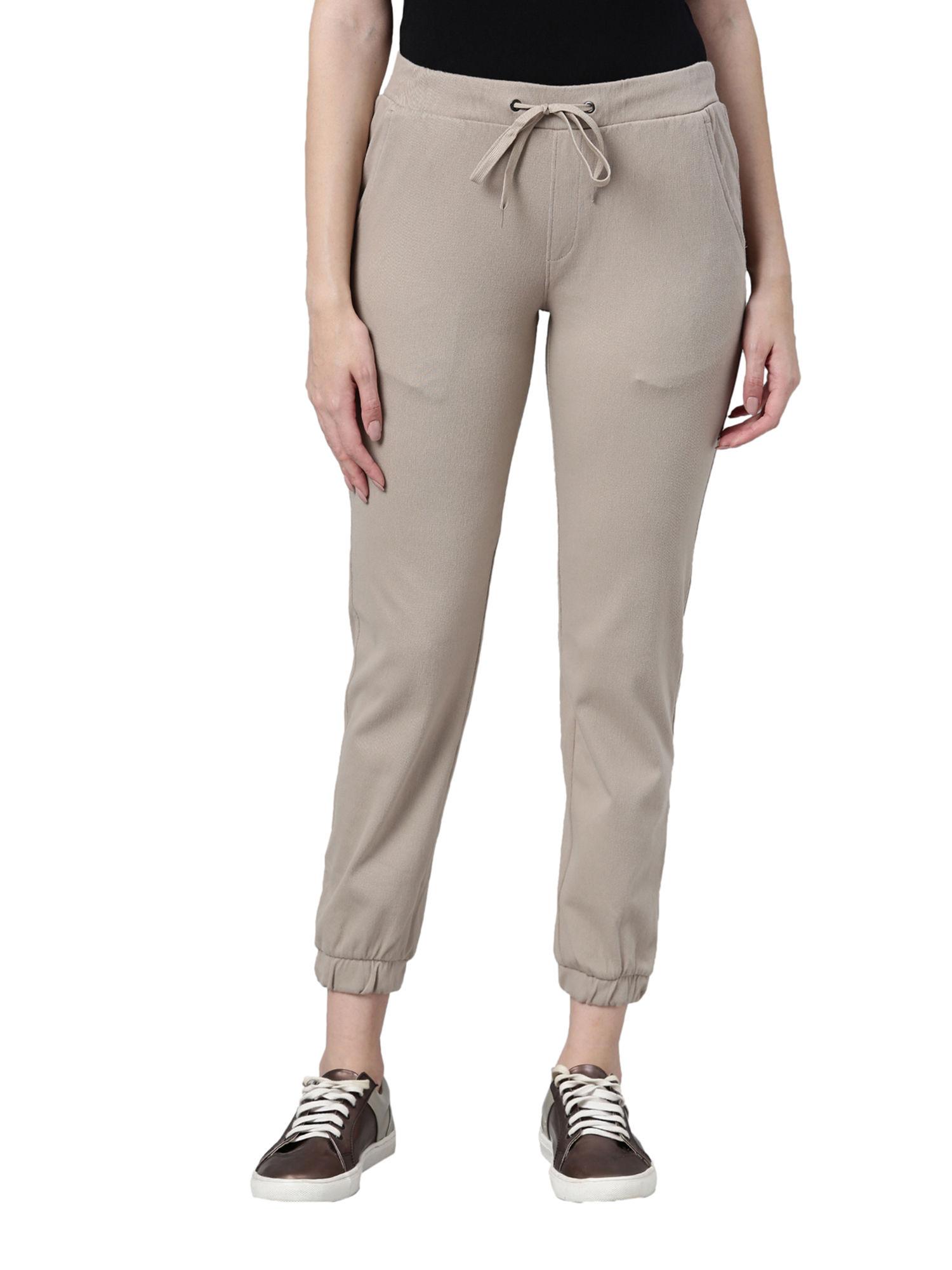 women solid cotton light chocolate cuffed joggers