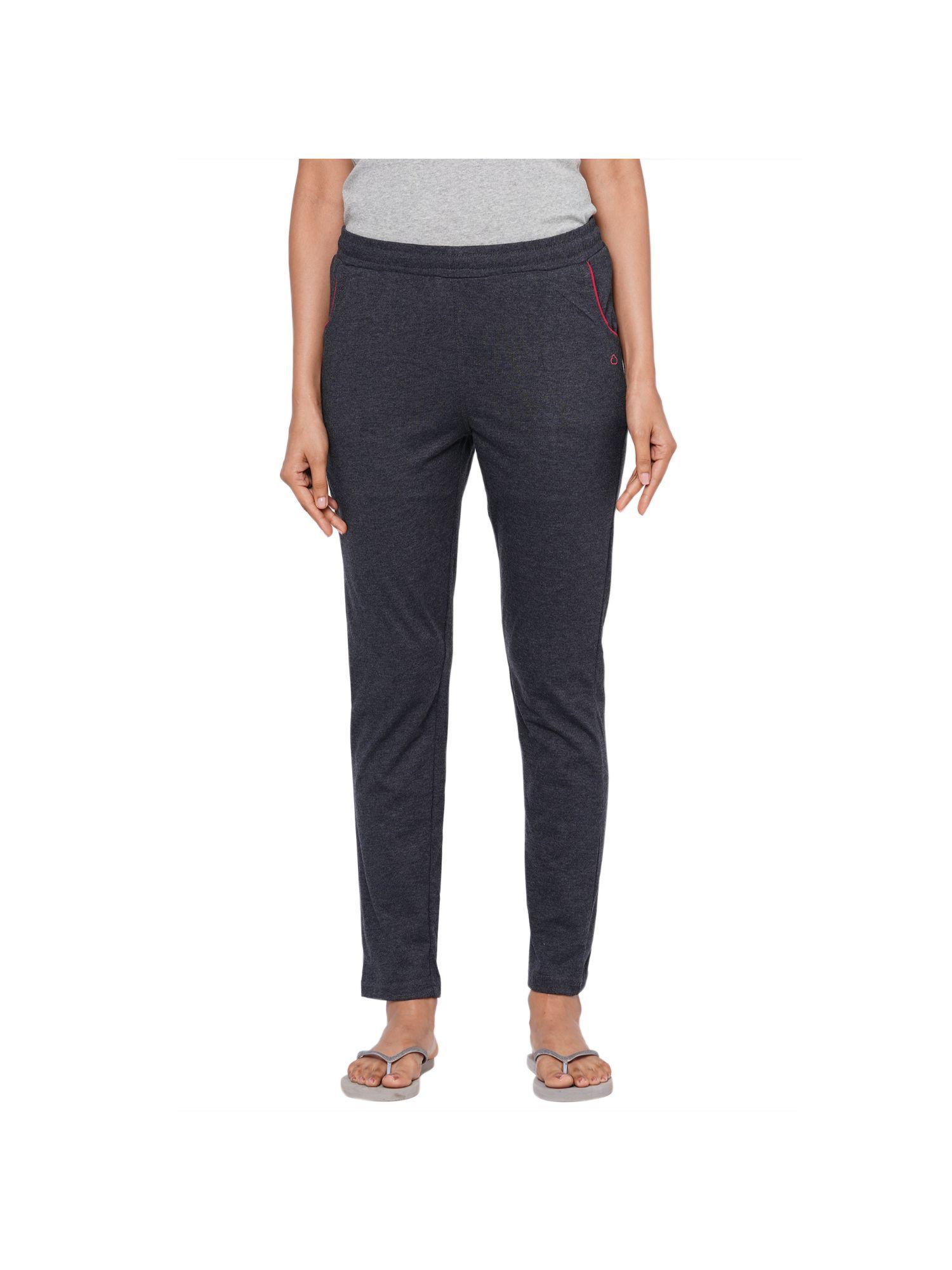 women solid cotton rich charcoal lounge pants/pyjamas grey