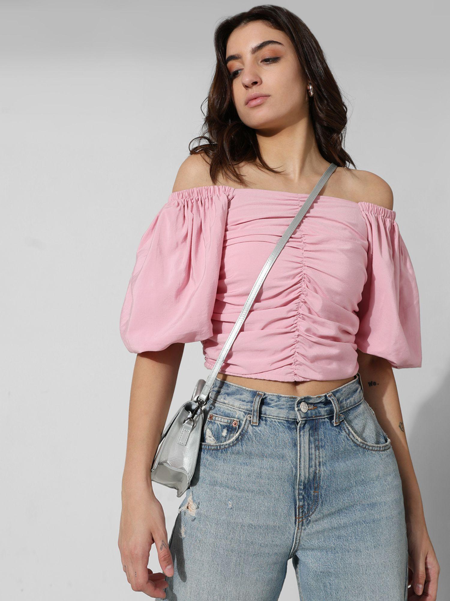 women solid cotton slim fit pink crop top