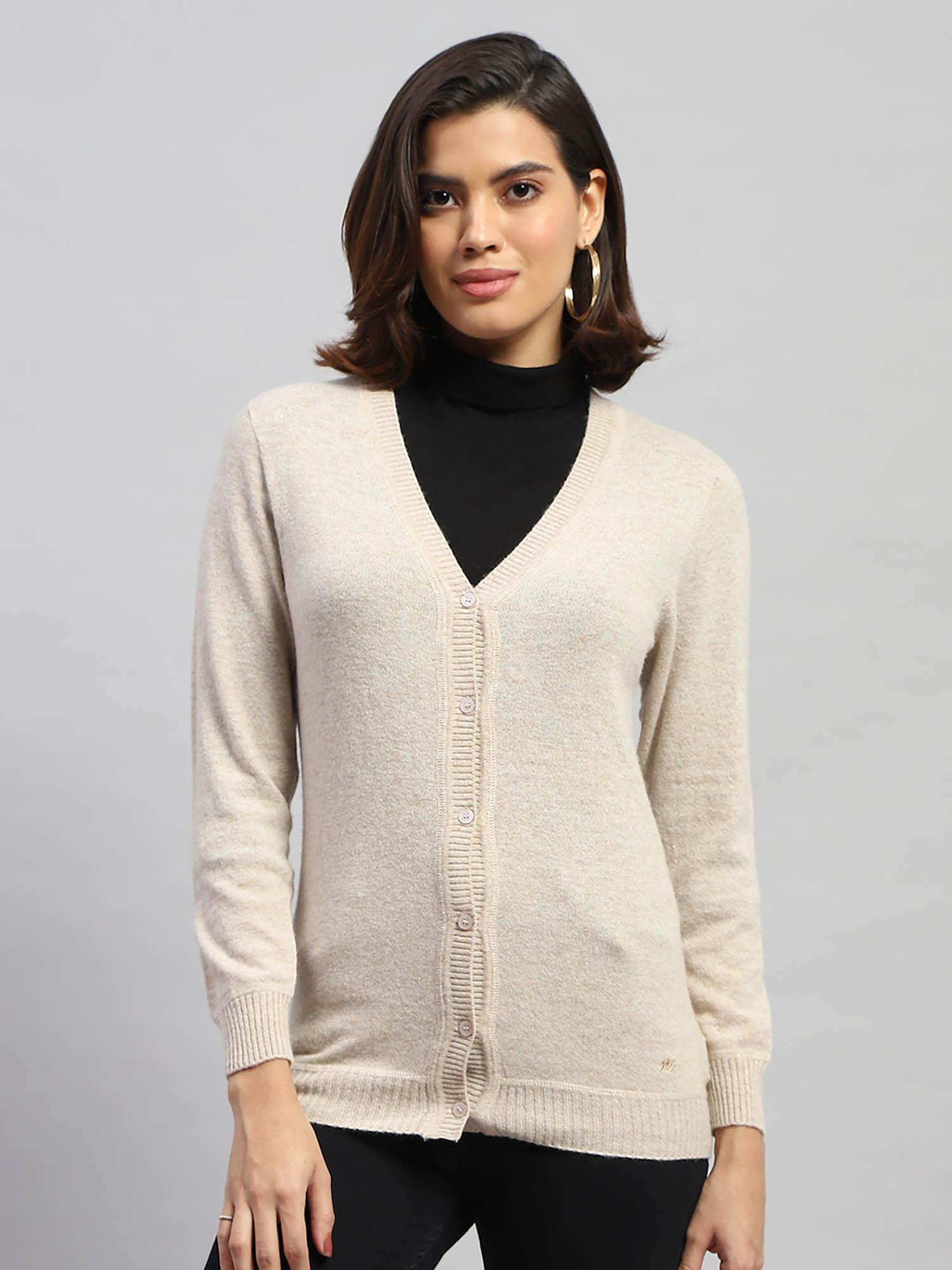 women solid cream full sleeves v-neck cardigan