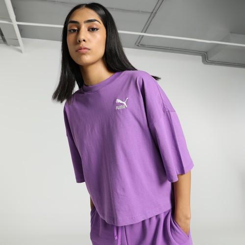 women solid crew neck cotton blend purple t-shirt