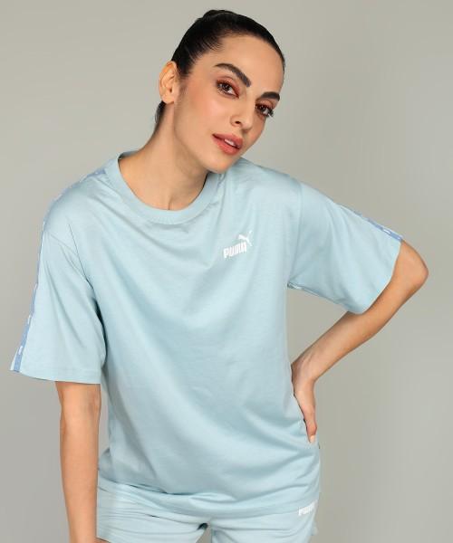 women solid crew neck pure cotton blue t-shirt