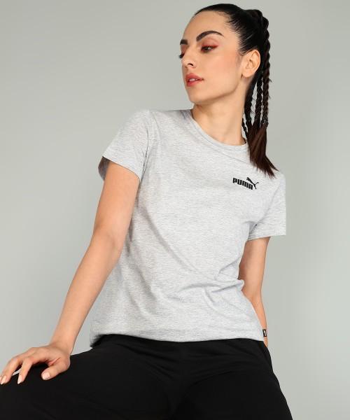 women solid crew neck pure cotton grey t-shirt