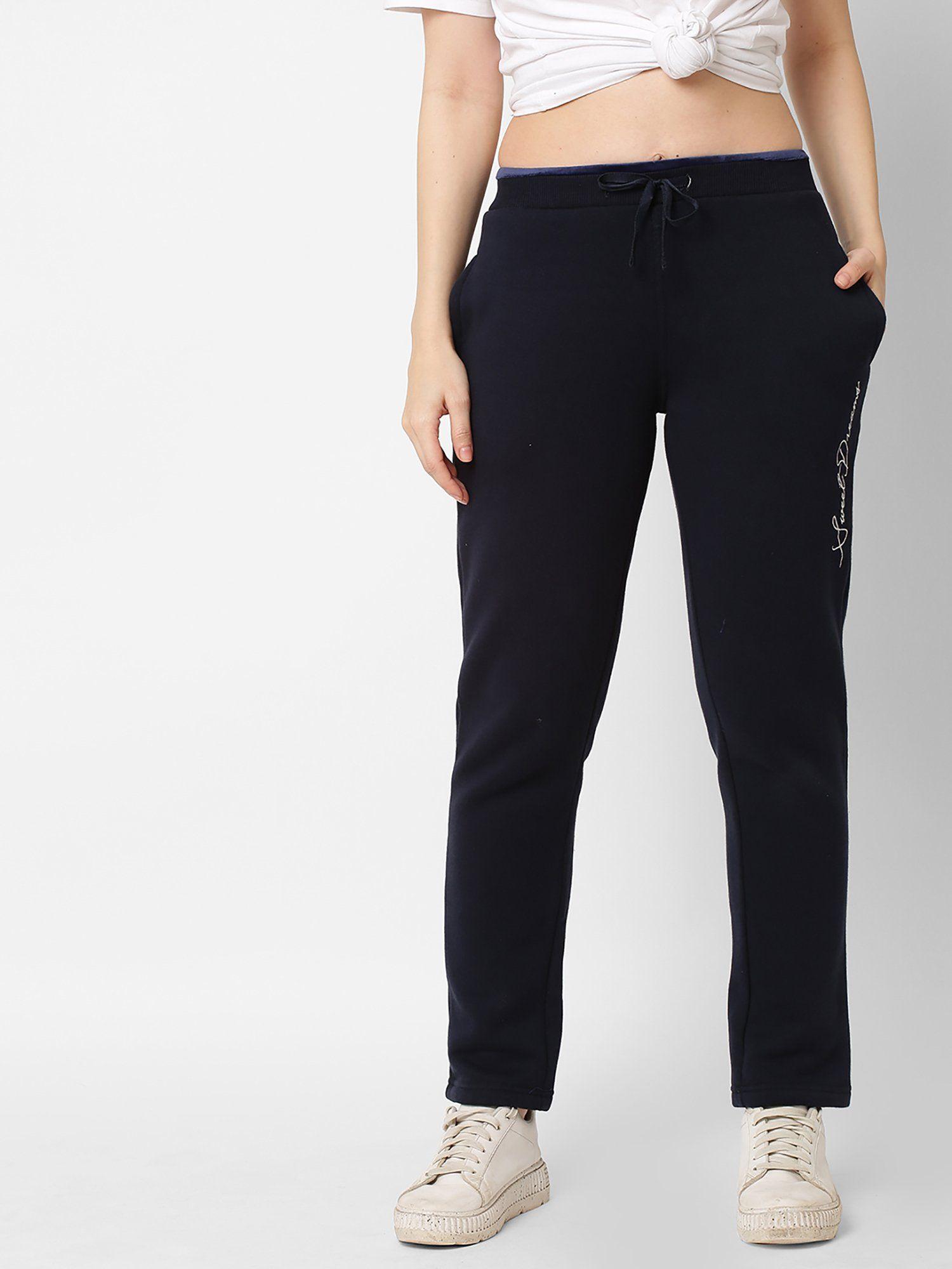 women solid dark blue fleece lounge pants blue