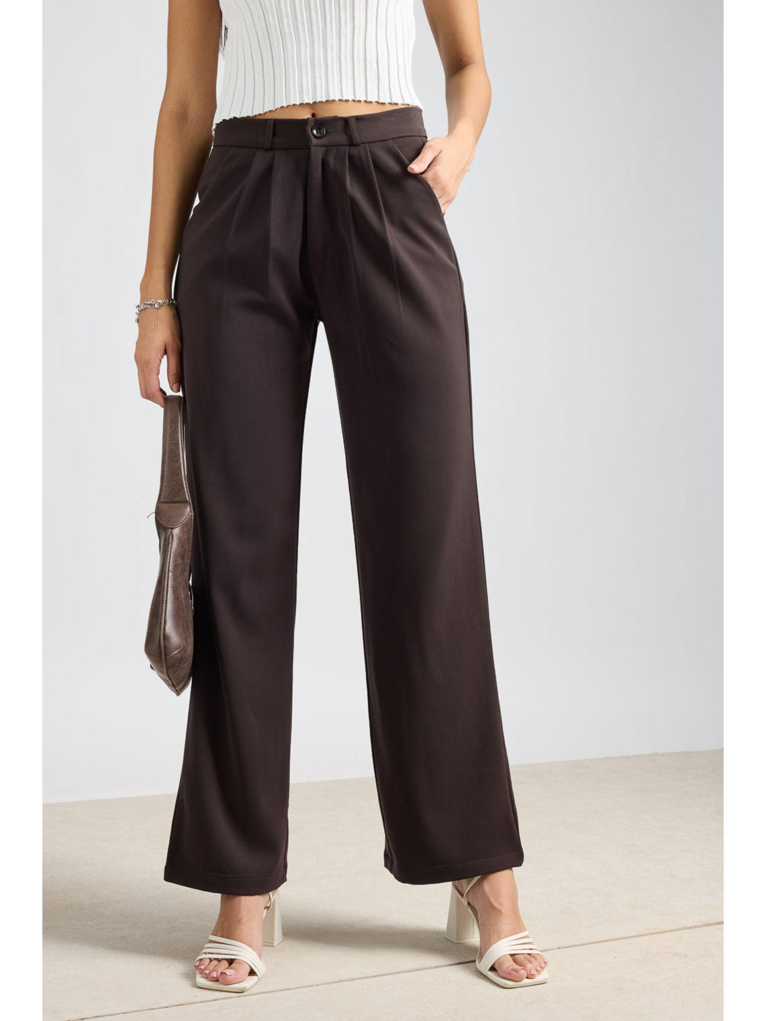 women solid dark brown korean pant