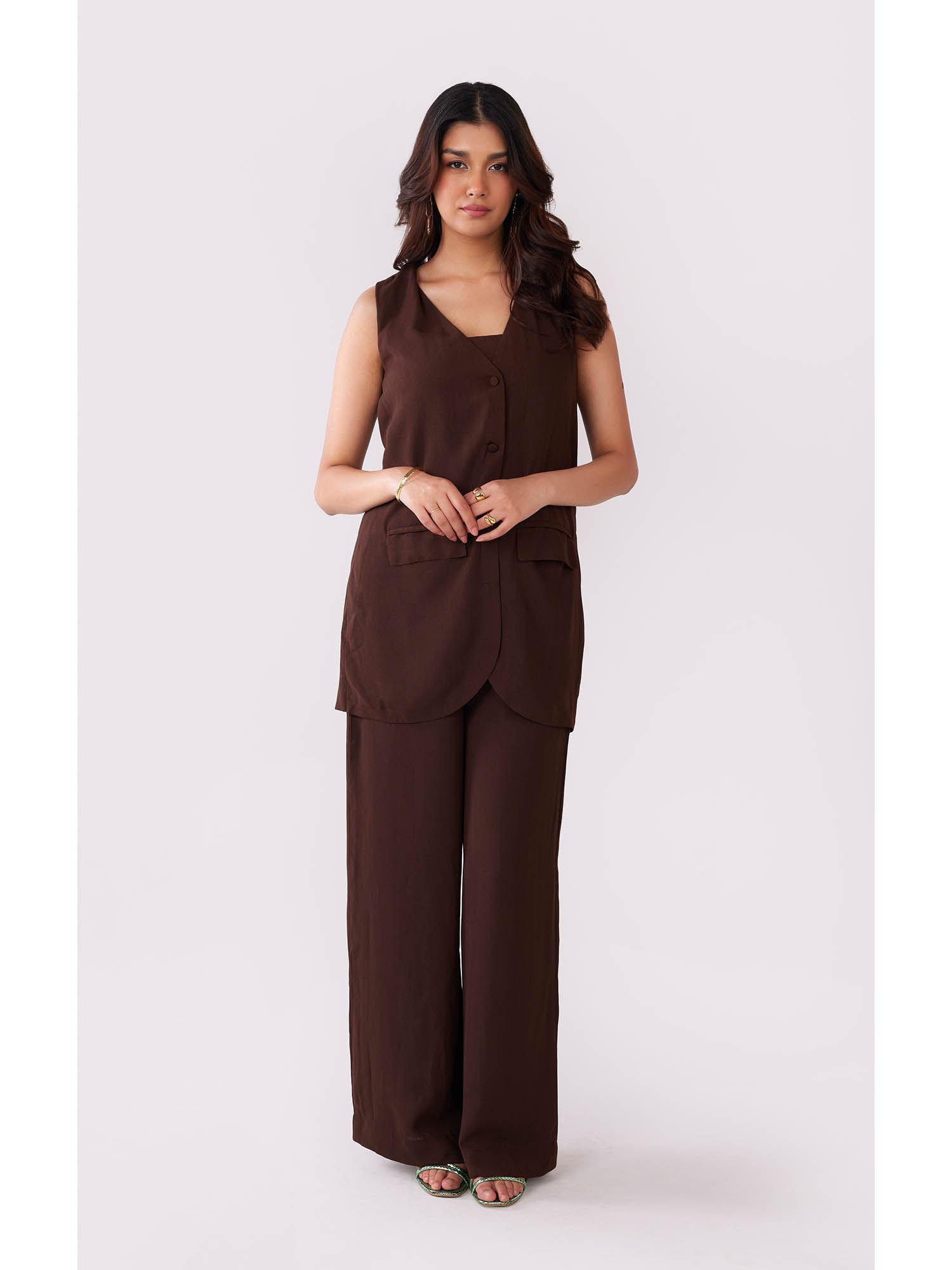 women solid dark brown wide leg pant