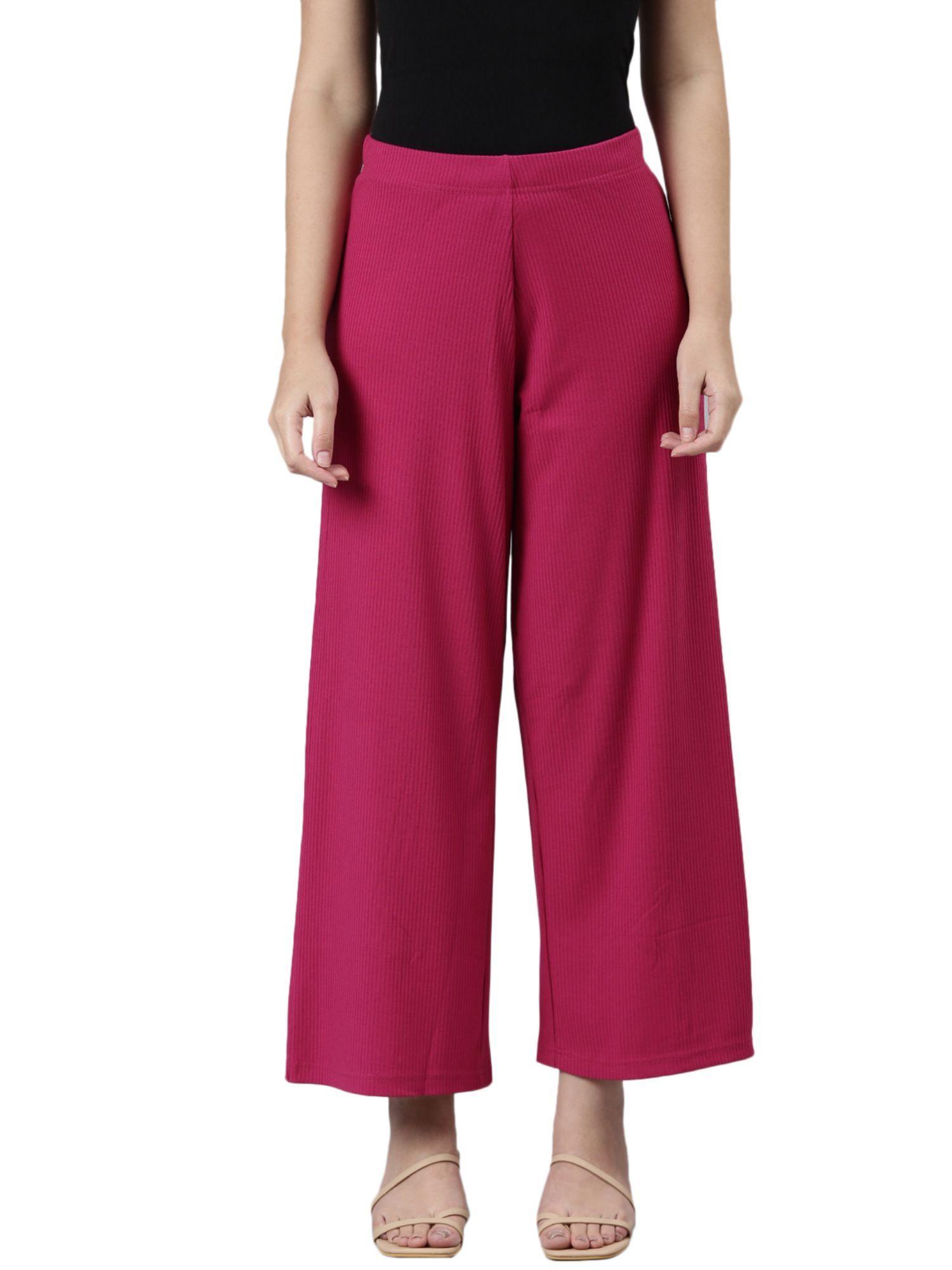 women solid dark rose mid rise ribbed palazzos