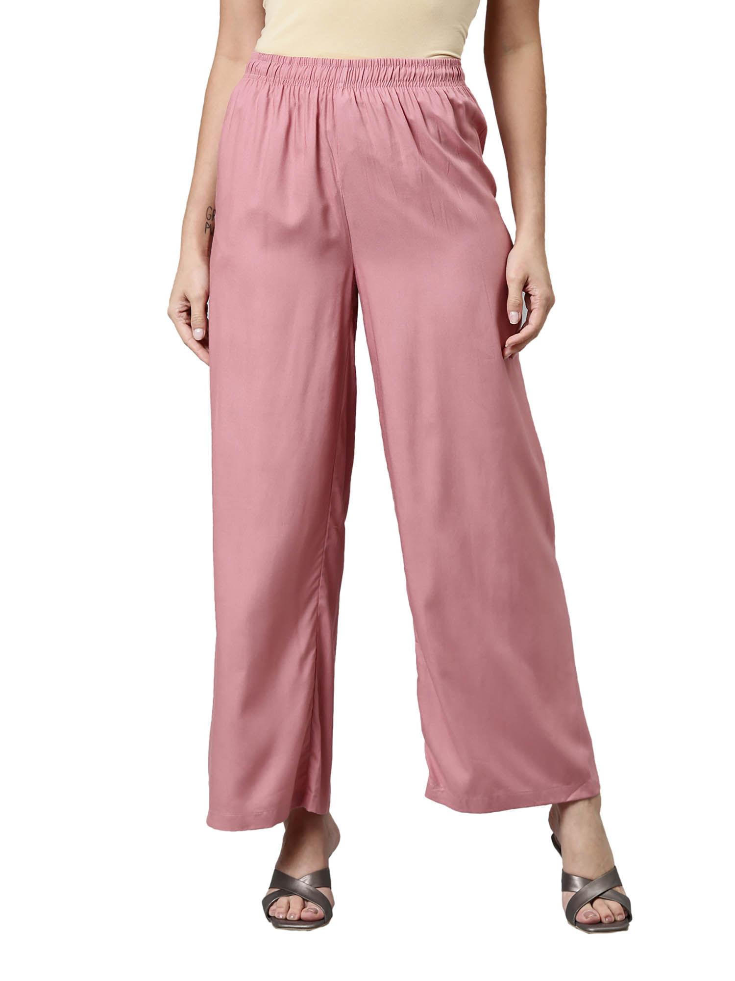 women solid dusty pink woven viscose mid rise basic palazzo