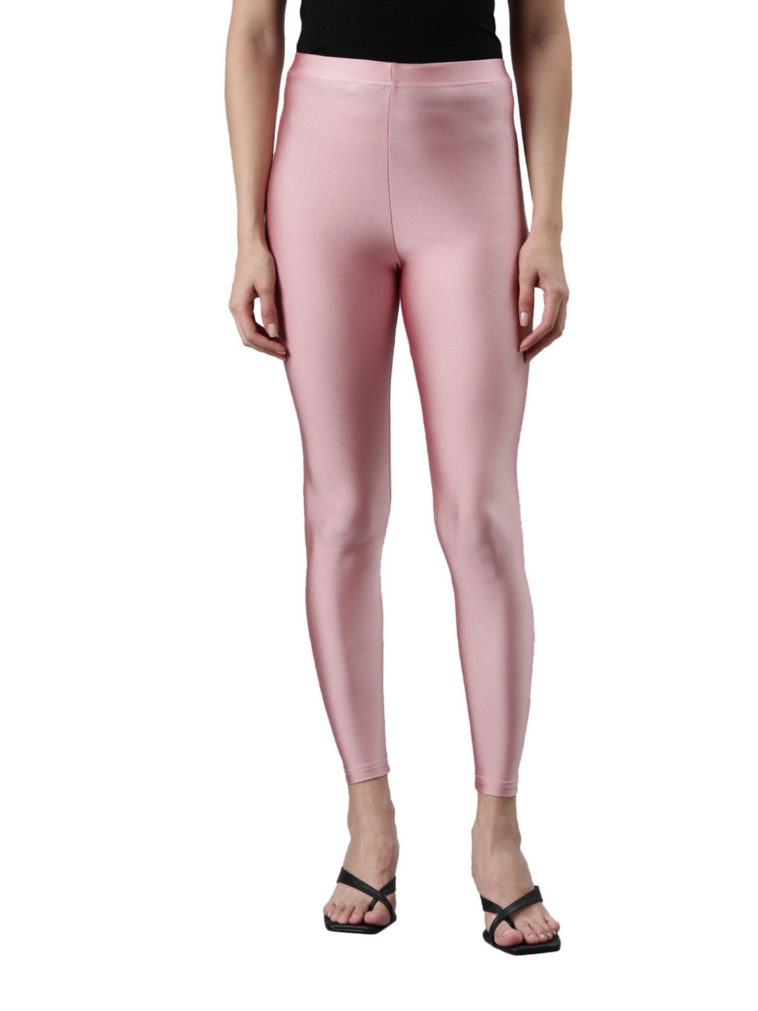 women solid dusty rose slim fit shimmer leggings