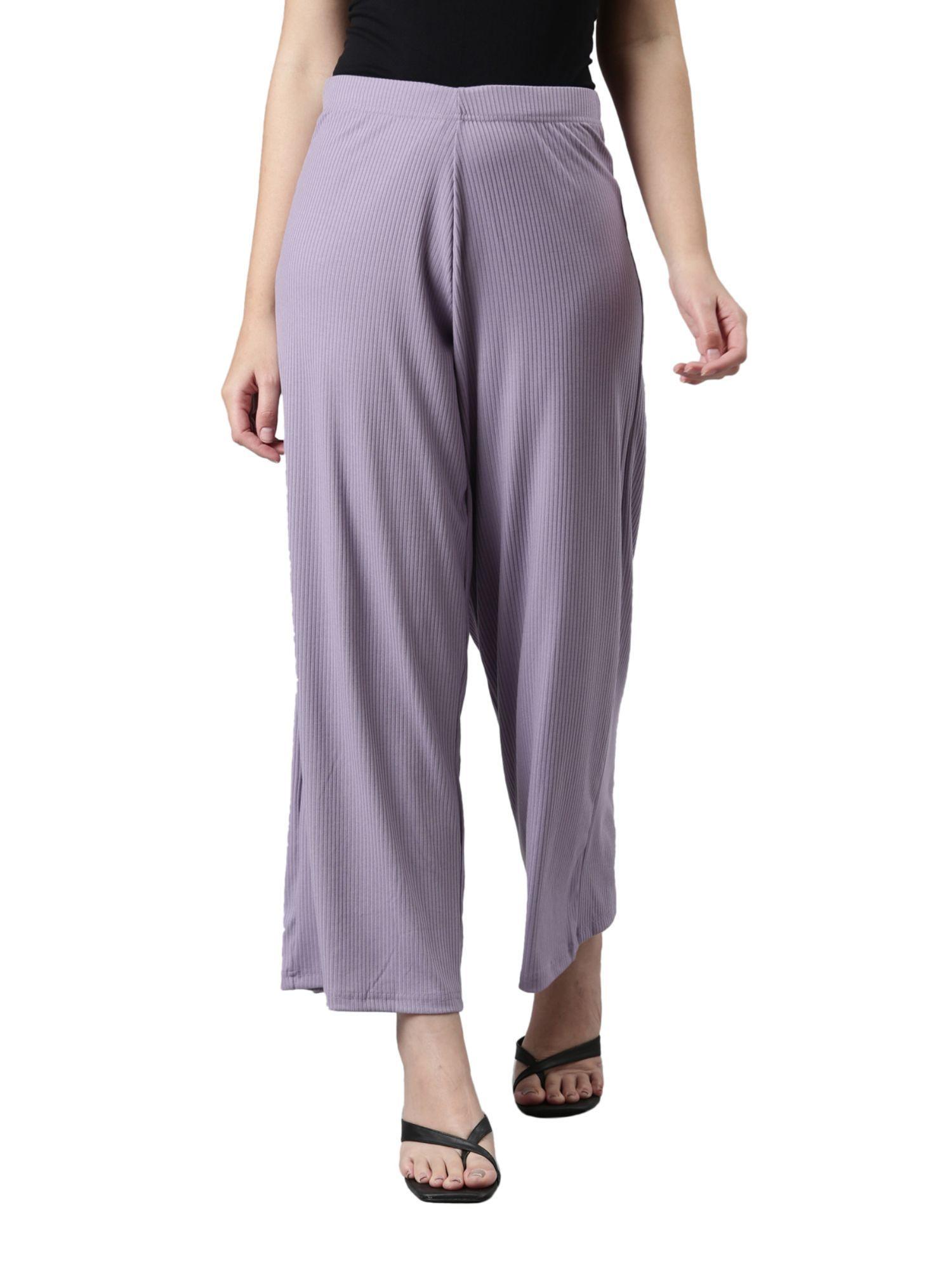 women solid dusty violet mid rise ribbed palazzos