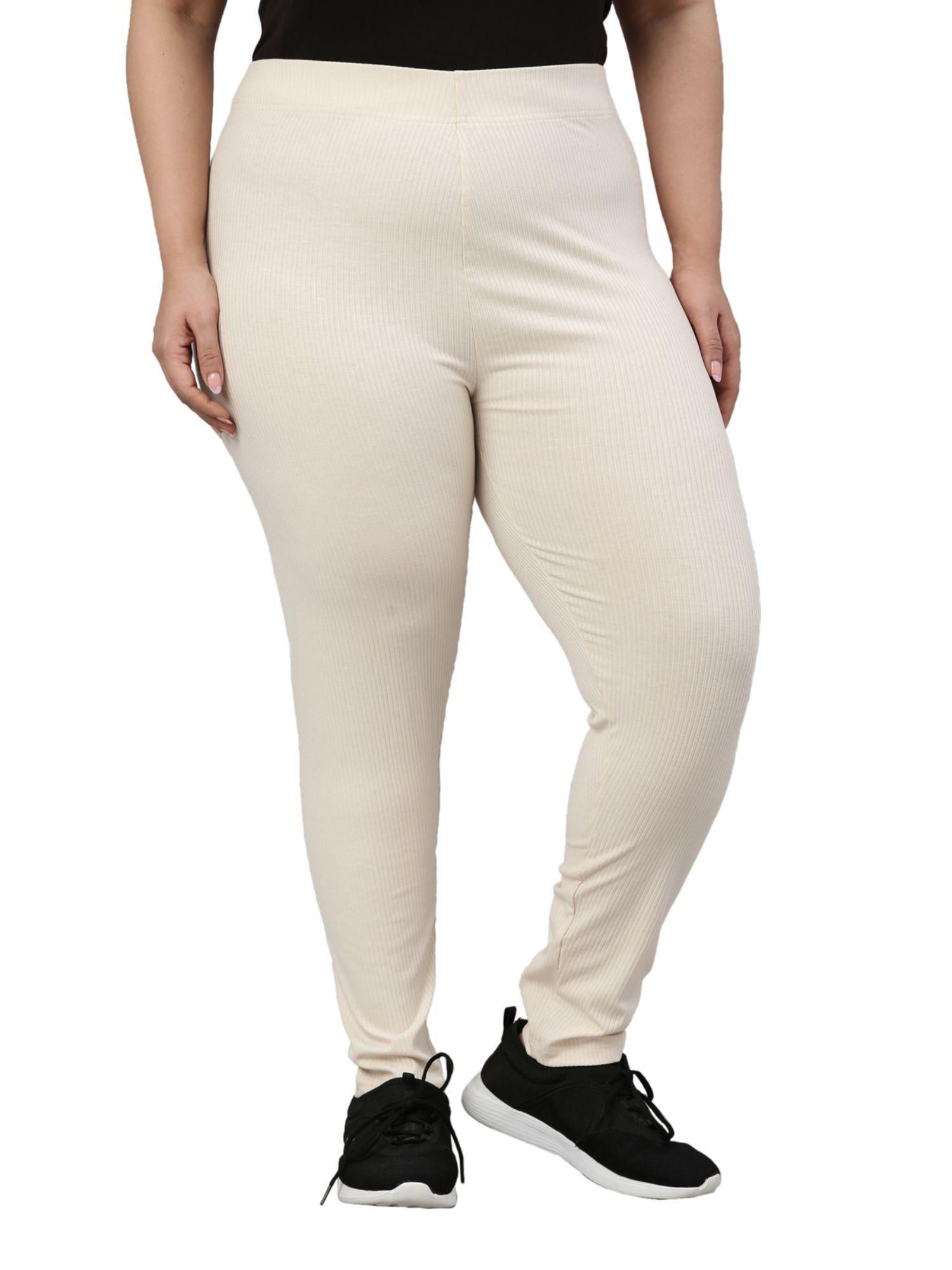 women solid ecru ribbed leggings